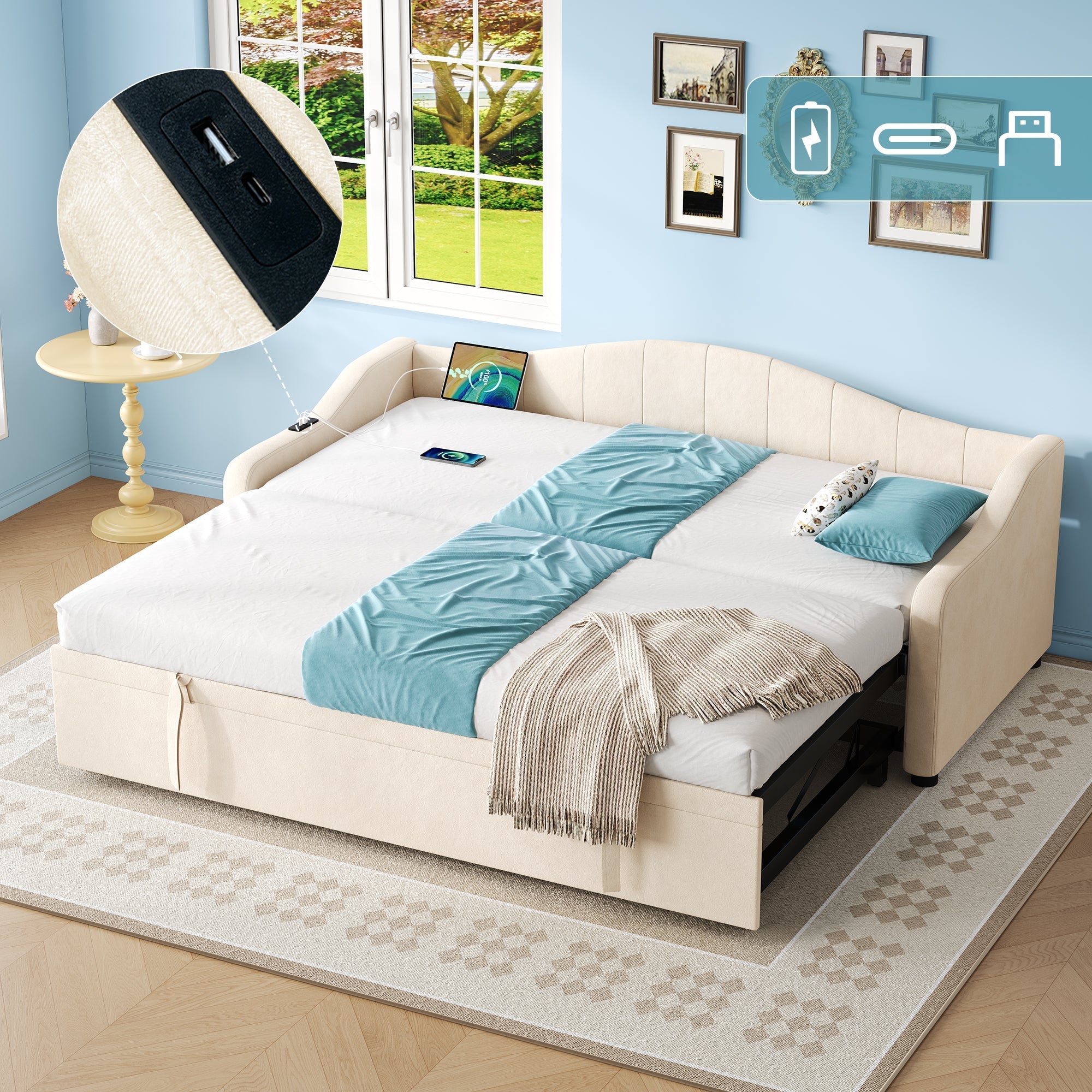 Daybed Single Upholstered Bed Sofa Bed With USB &Type C Charging Station, 3FT Single Bed 90 X 190 Cm With Trundle,Pull Out Trundle For Living Room And Bedroom, Velvet (Beige Velvet