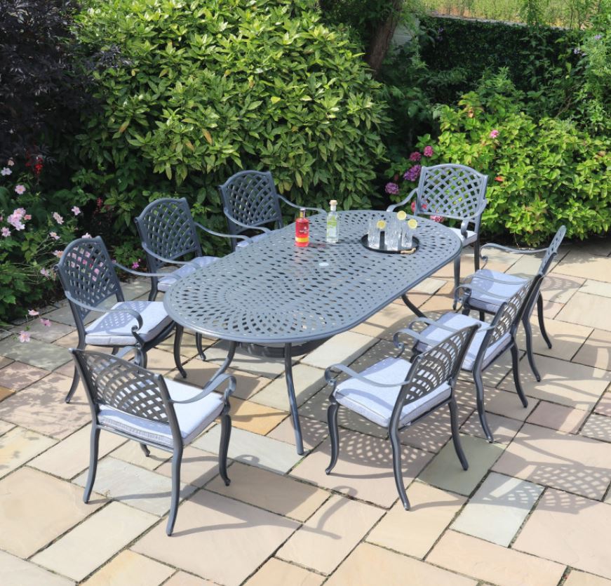 Transform Your Dining Experience with the Fitzhenry 8-Seat Set with Oval Table in Hammered Grey - Rathwood Store