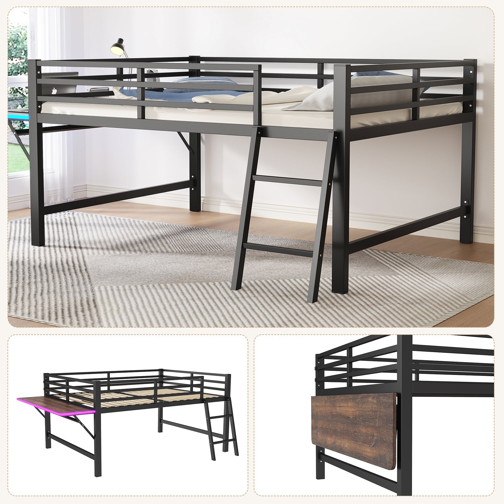 Flatbed Metal Bed 140x200cm Desk Ladder LED Light - Black