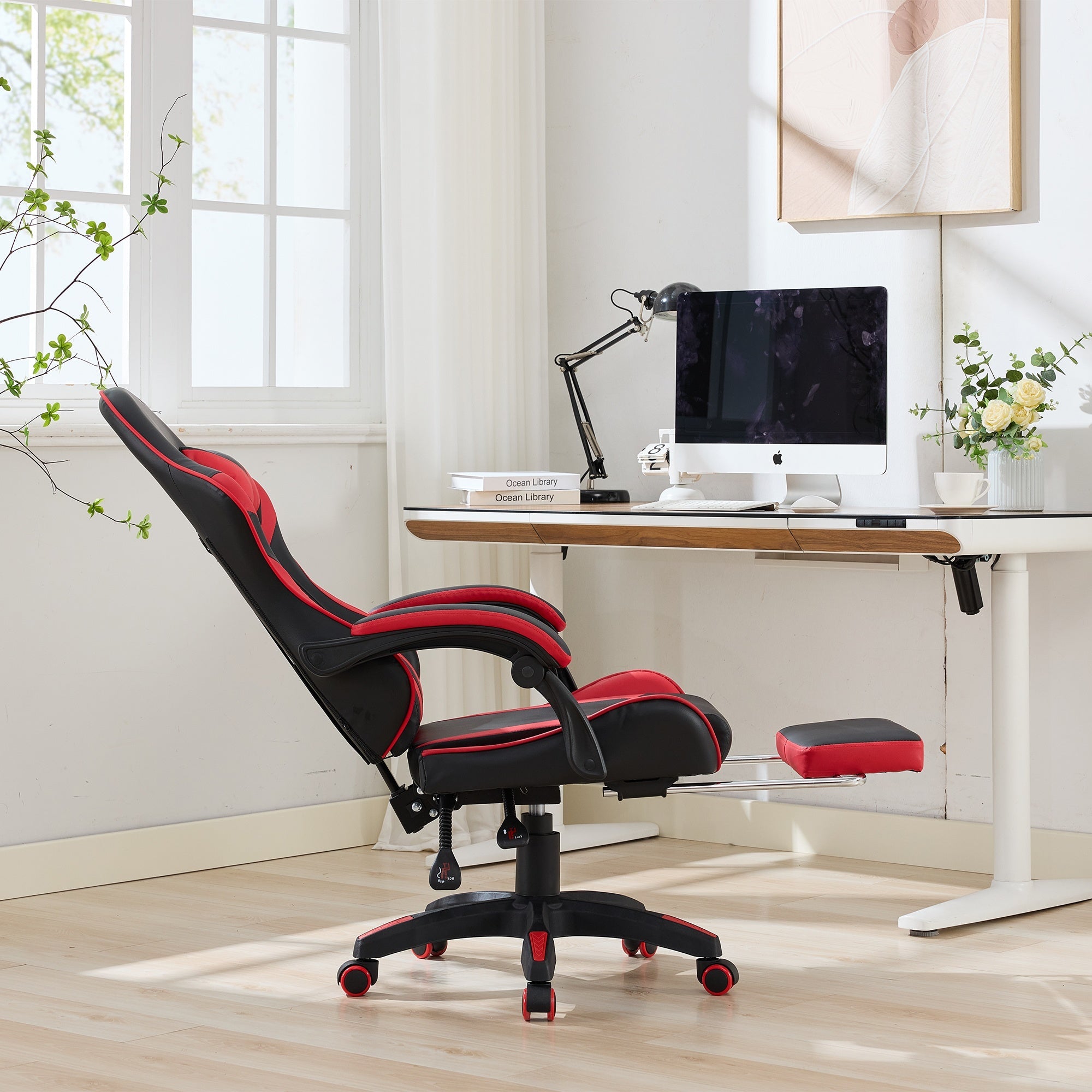 Racing Gaming Chair High-Back Ergonomic Swivel with Footrest Headrest Lumbar Support Leather Black & Red