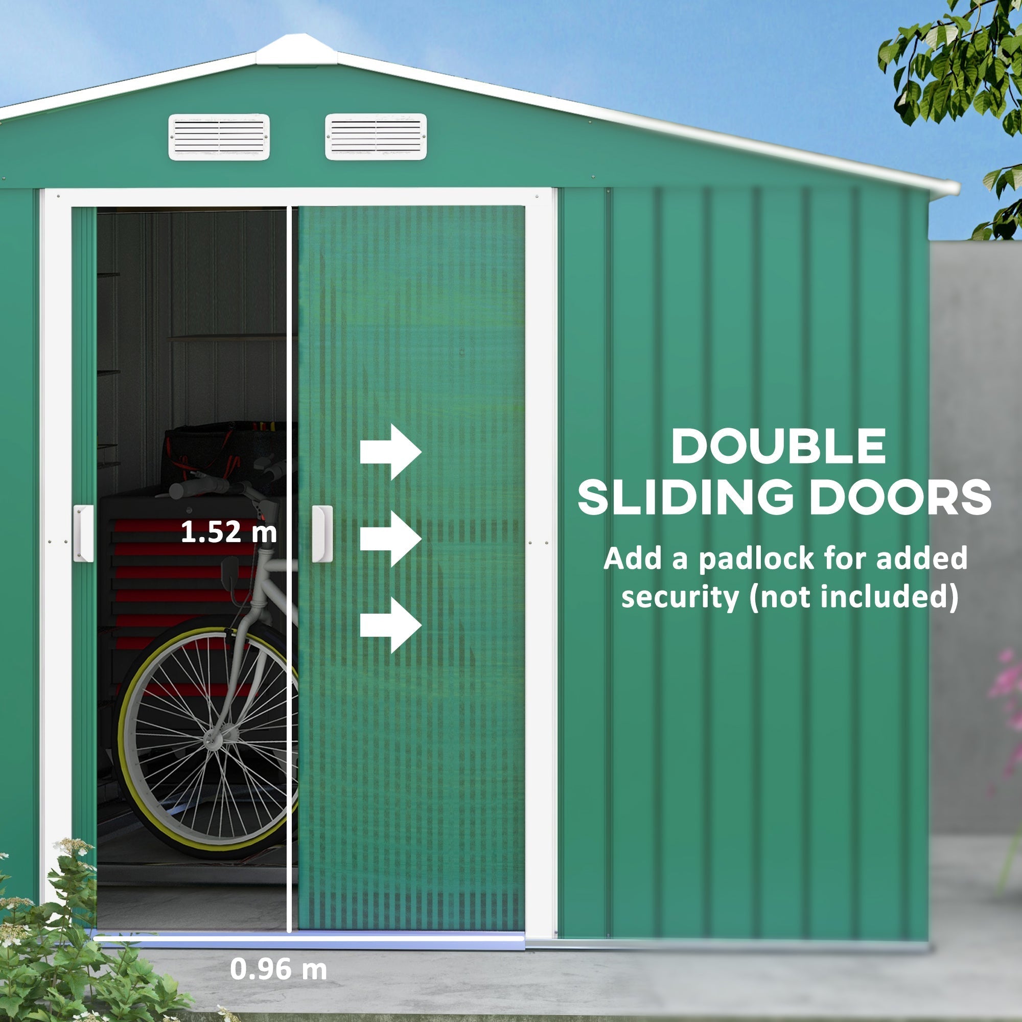 9 x 6ft Metal Garden Shed, Outdoor Storage Tool House with Ventilation, Foundation Kit & Lockable Double Doors, Green
