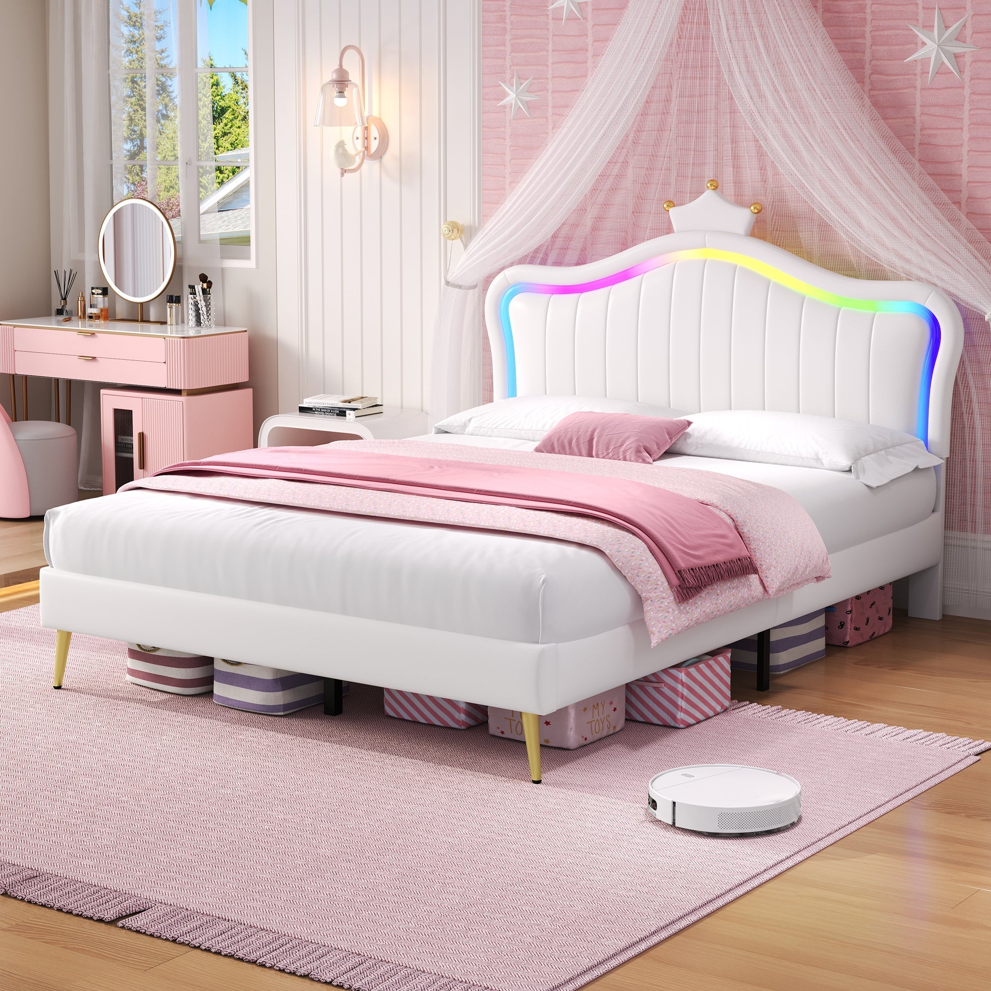 4ft6 Double Upholstered Bed with LED Adjustable Crown Shape Headboard, Cream White PU Leather