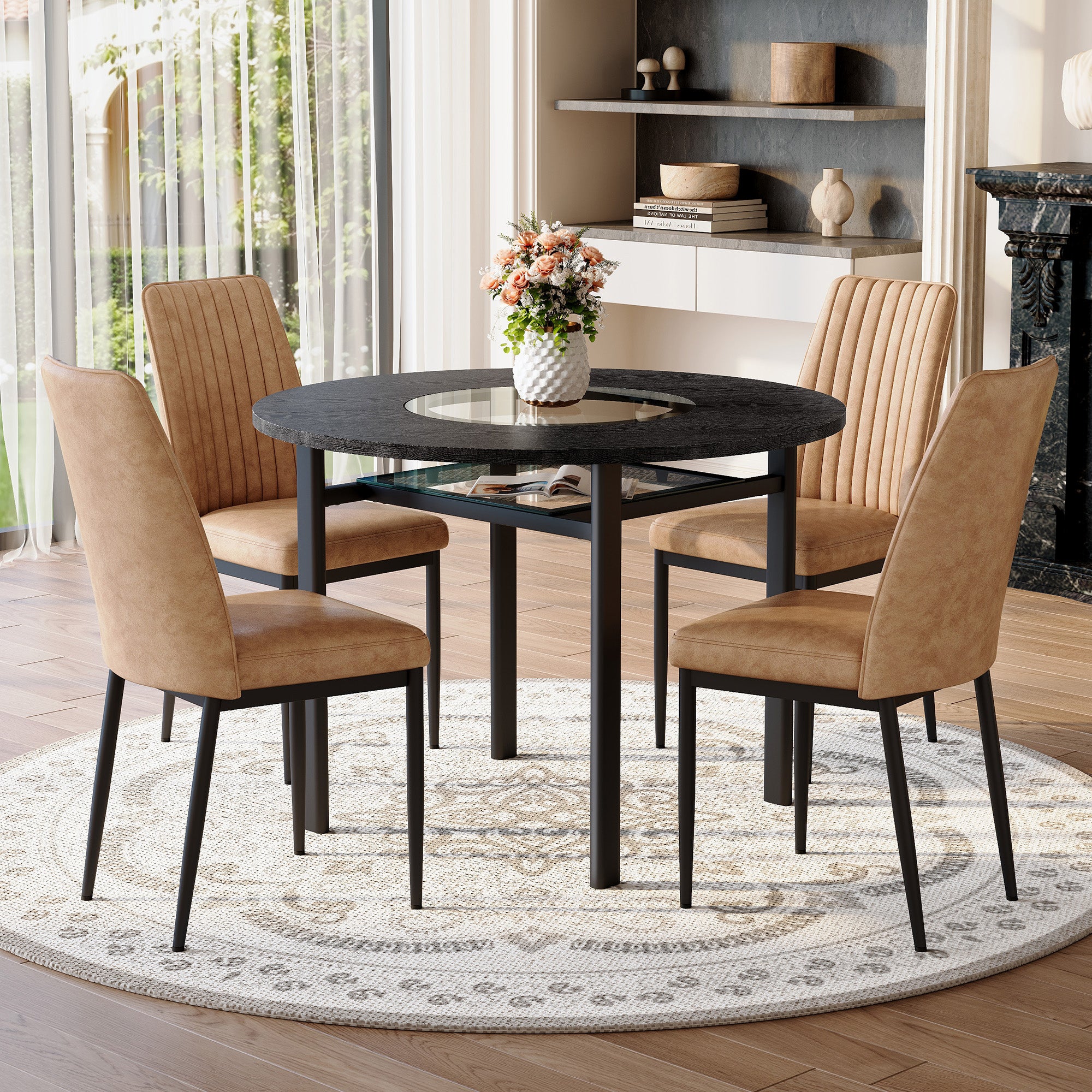 Dining Set Round 100cm Table Storage 4 Chairs - Black Wood Look/Brown Fabric