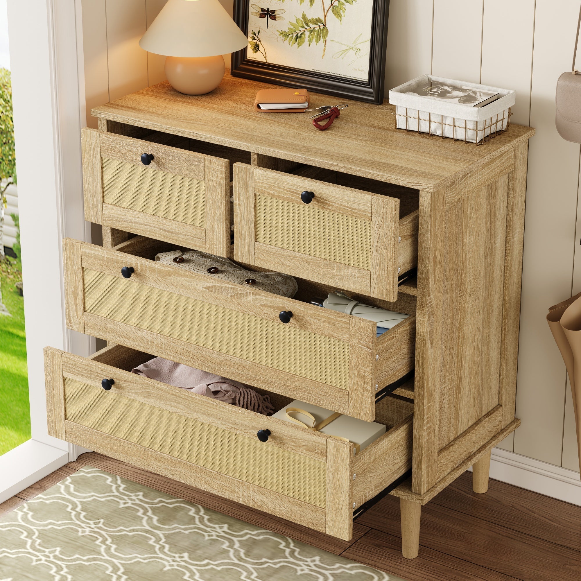 Chest of drawers with four drawers, rattan, solid wood