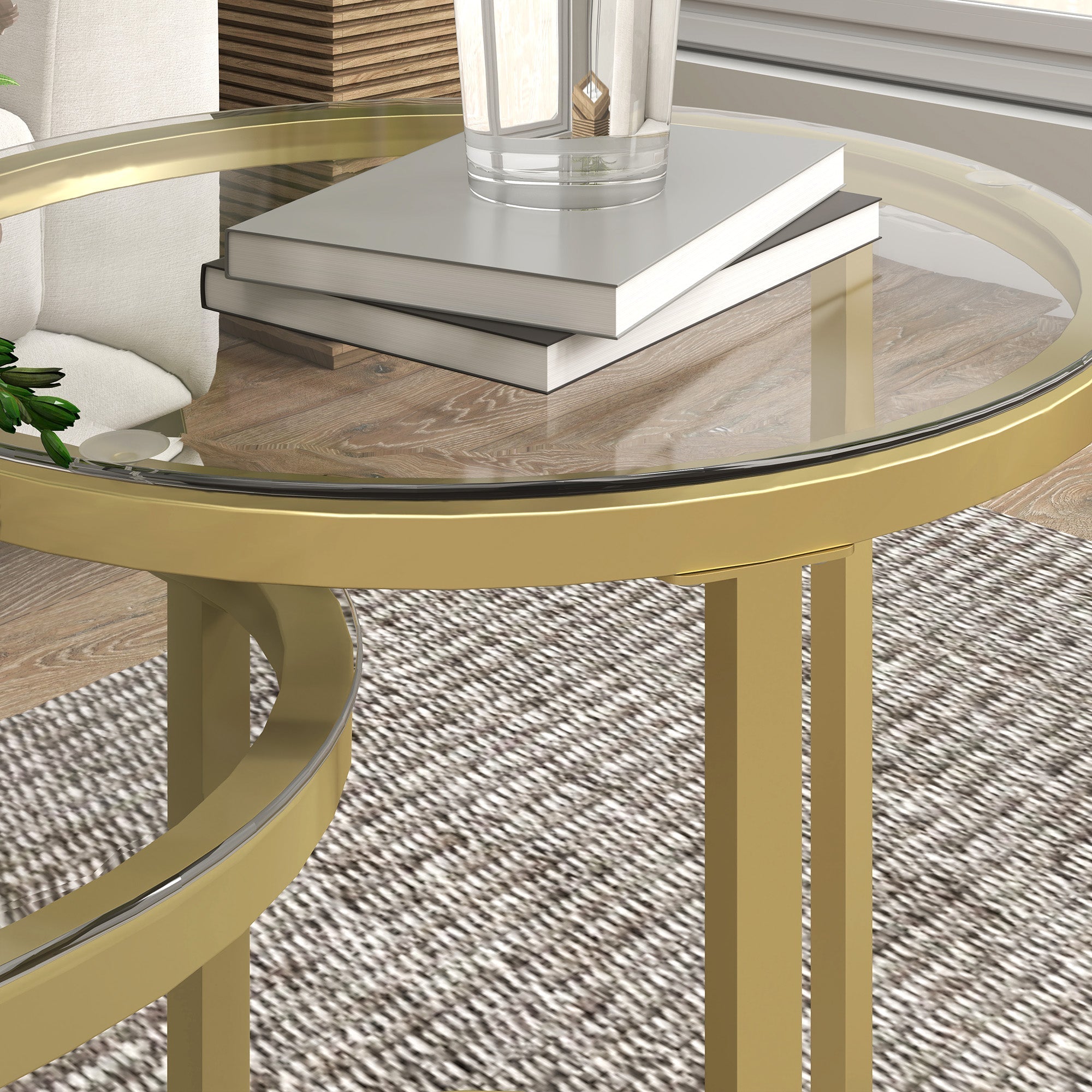 Round coffee table set of 2, stackable side table with steel frame, gold