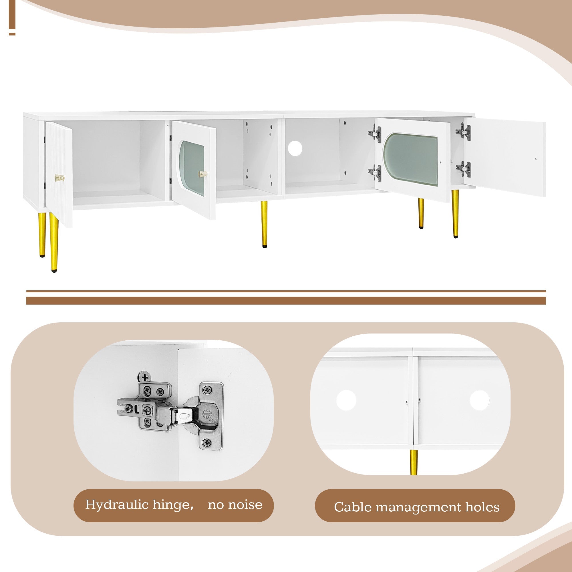 TV Cabinet 170x35x50cm, Golden Legs & Handles, Curved Glass, White
