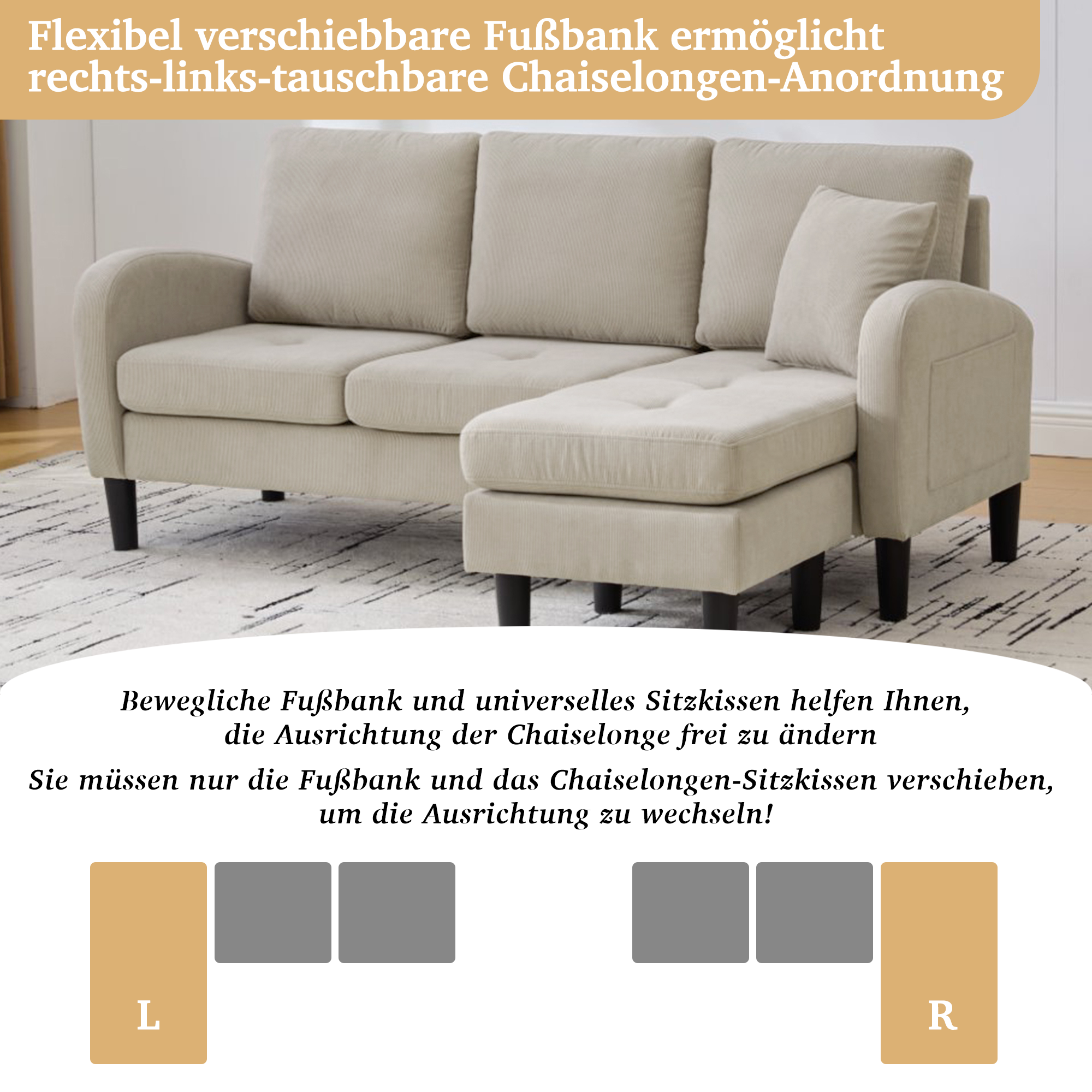 L-shaped Corner Sofa with Chaise Longue, 3-Seater Modular Design, Corduroy Fabric