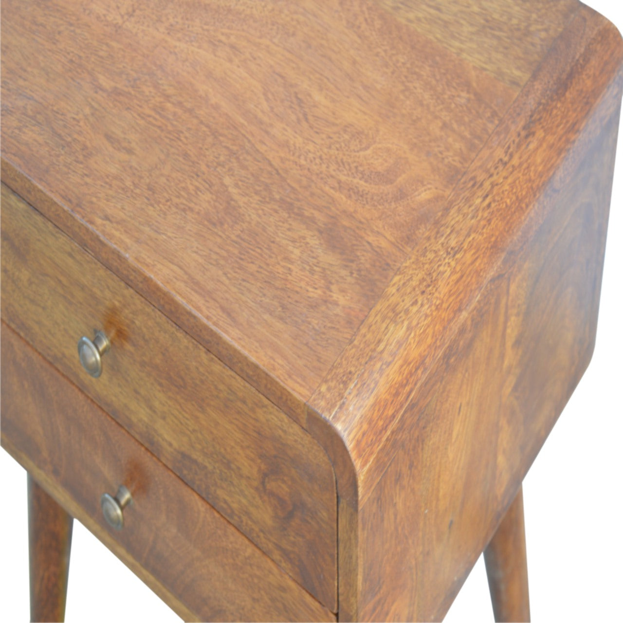 Solid Wood Bedside, Curved Chestnut with 2 Drawers, Dark Brown