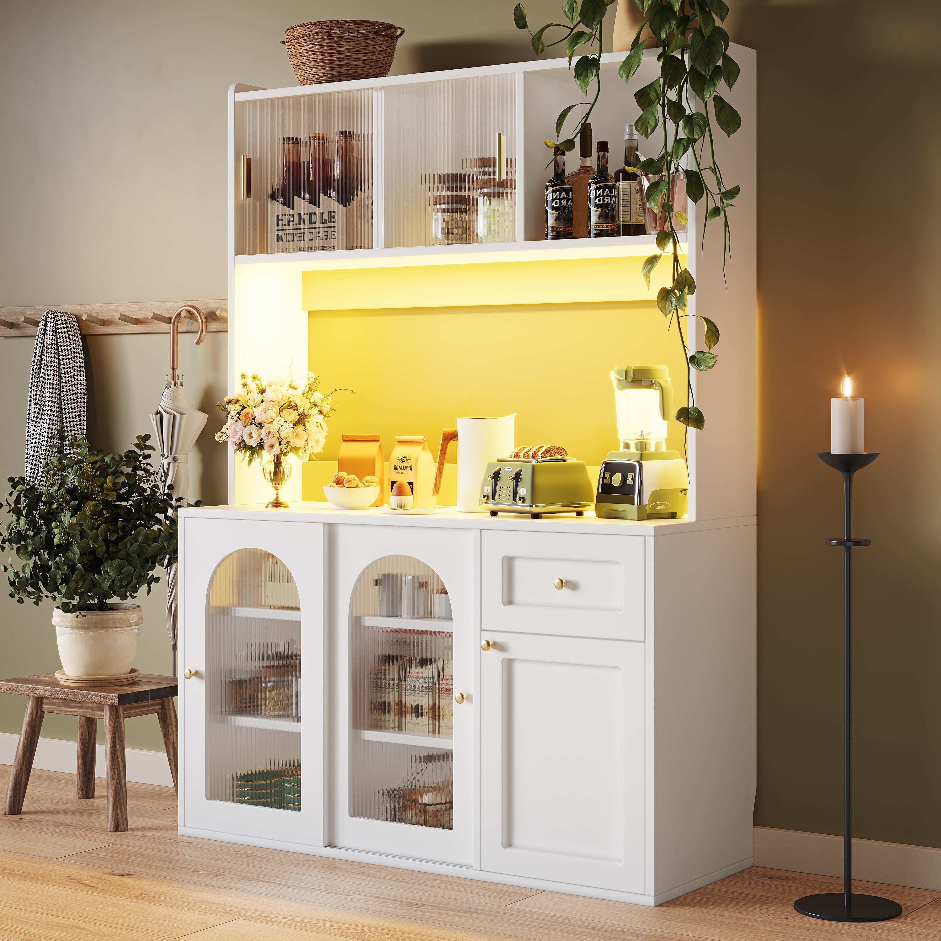 Kitchen Cabinet, Tall Display Buffet Sideboard with LED Lighting and Adjustable Shelves, White/Black