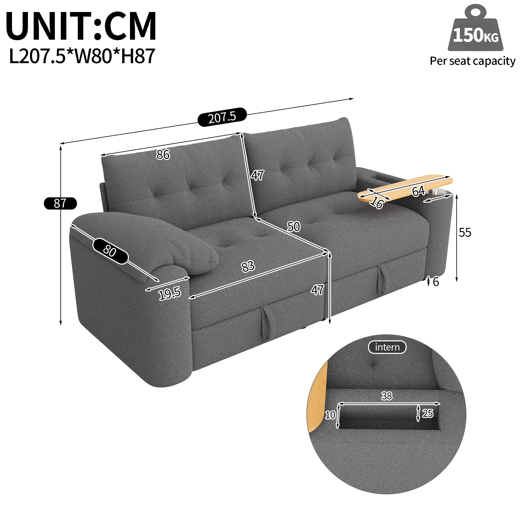 Teddy Plush Sofa, 3-Seater Modular Sofa Bed with Storage and Side Table, Gray