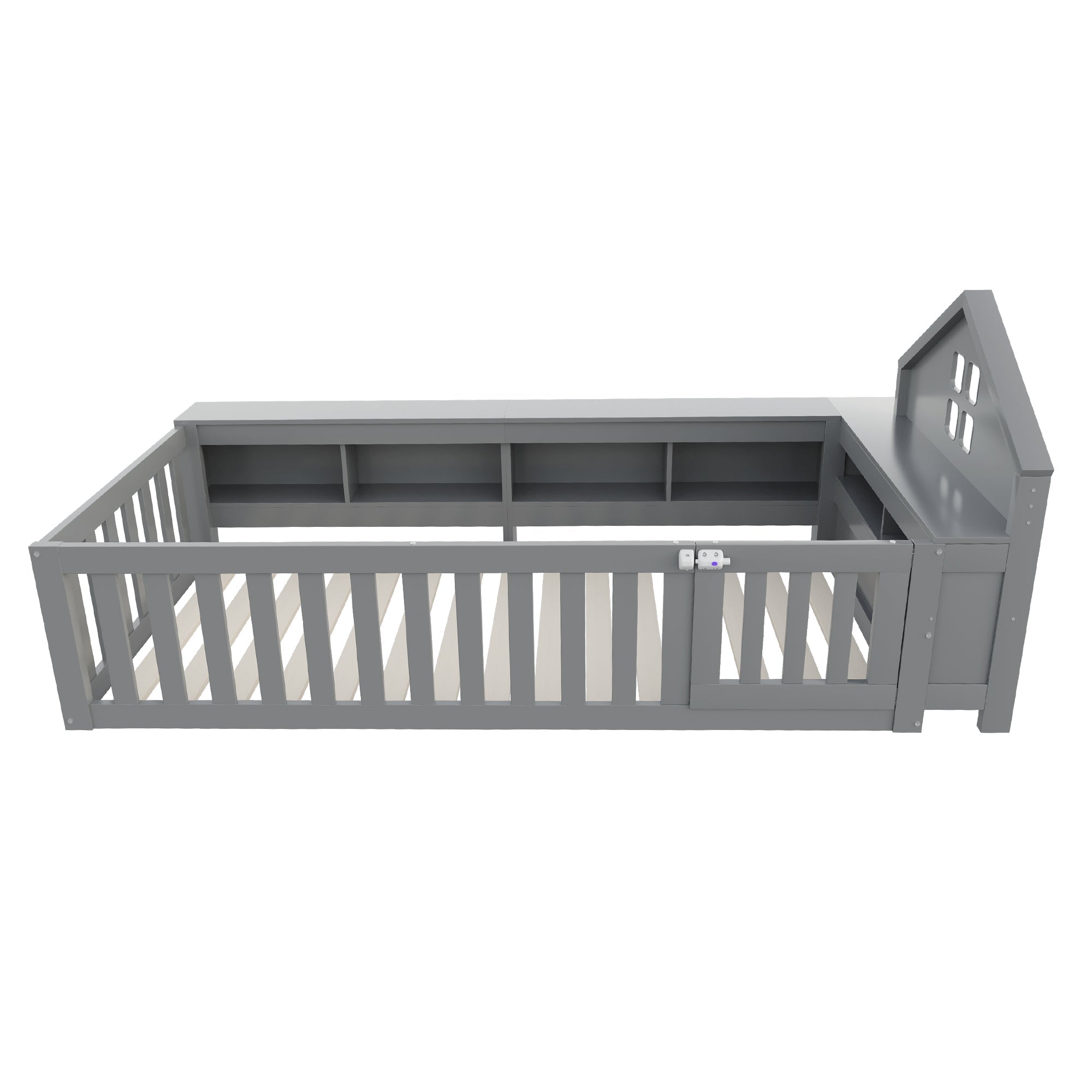 Children's Bed 90x200cm, Roof & Window, Storage, Safety Gate & Door, Solid Wood, Grey