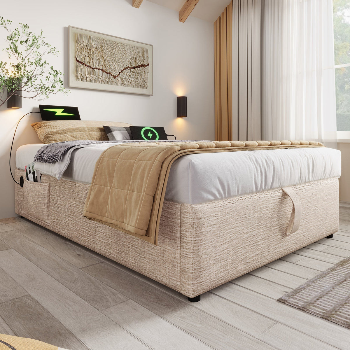 Upholstered Single Bed 90×200 cm Storage Frame USB-C Slatted Base, Linen Natural