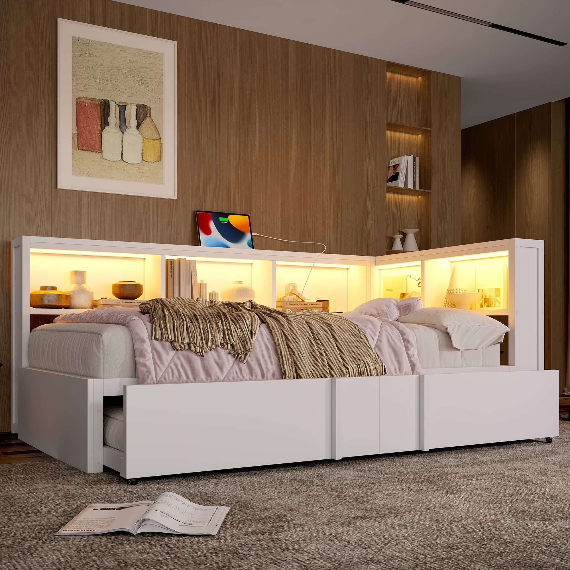 Metal Daybed 90x200cm Pull-out Bed Storage Cabinets LED USB White
