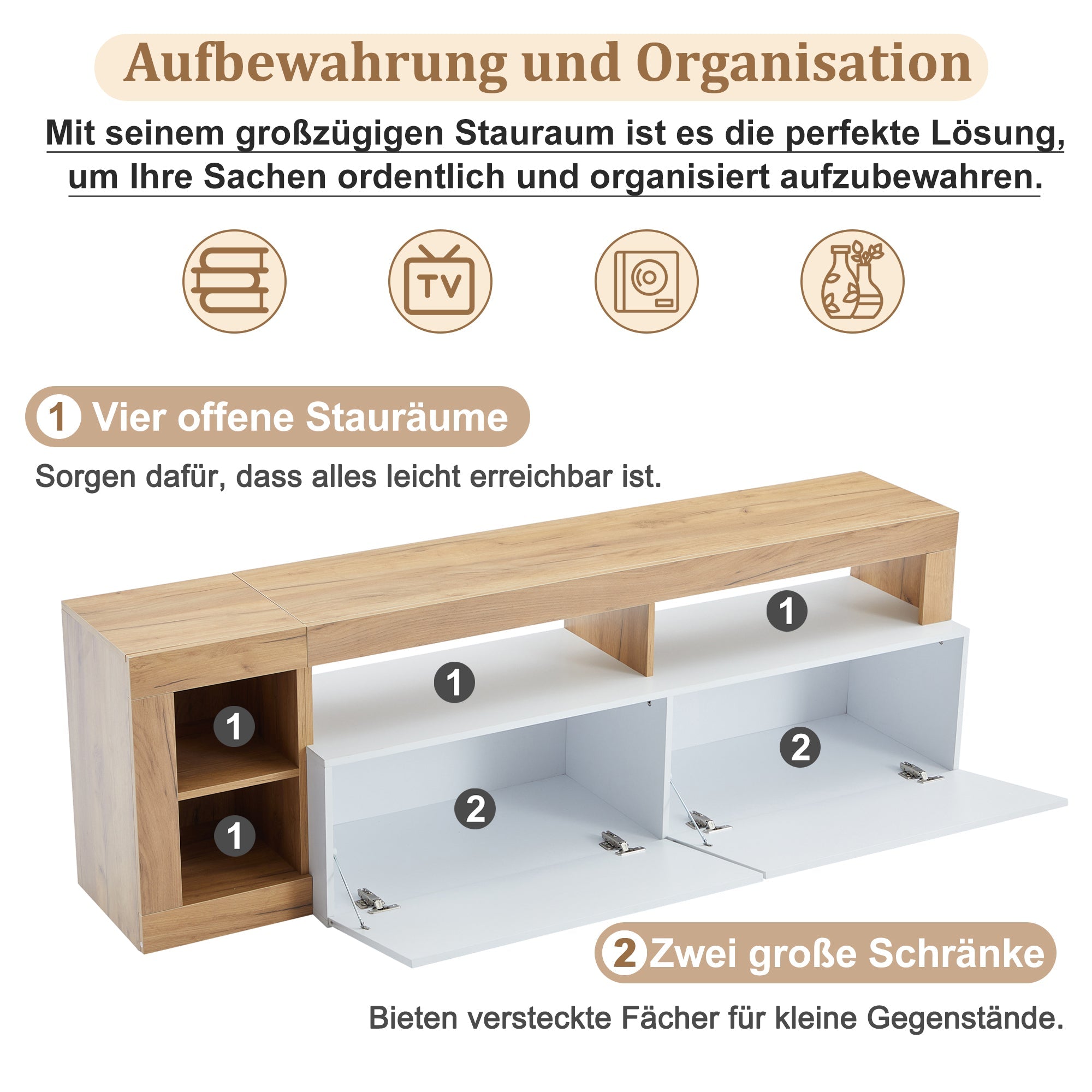 Modern TV Cabinet, 80 Inch, Open Storage, LED Light, Wooden Frame White