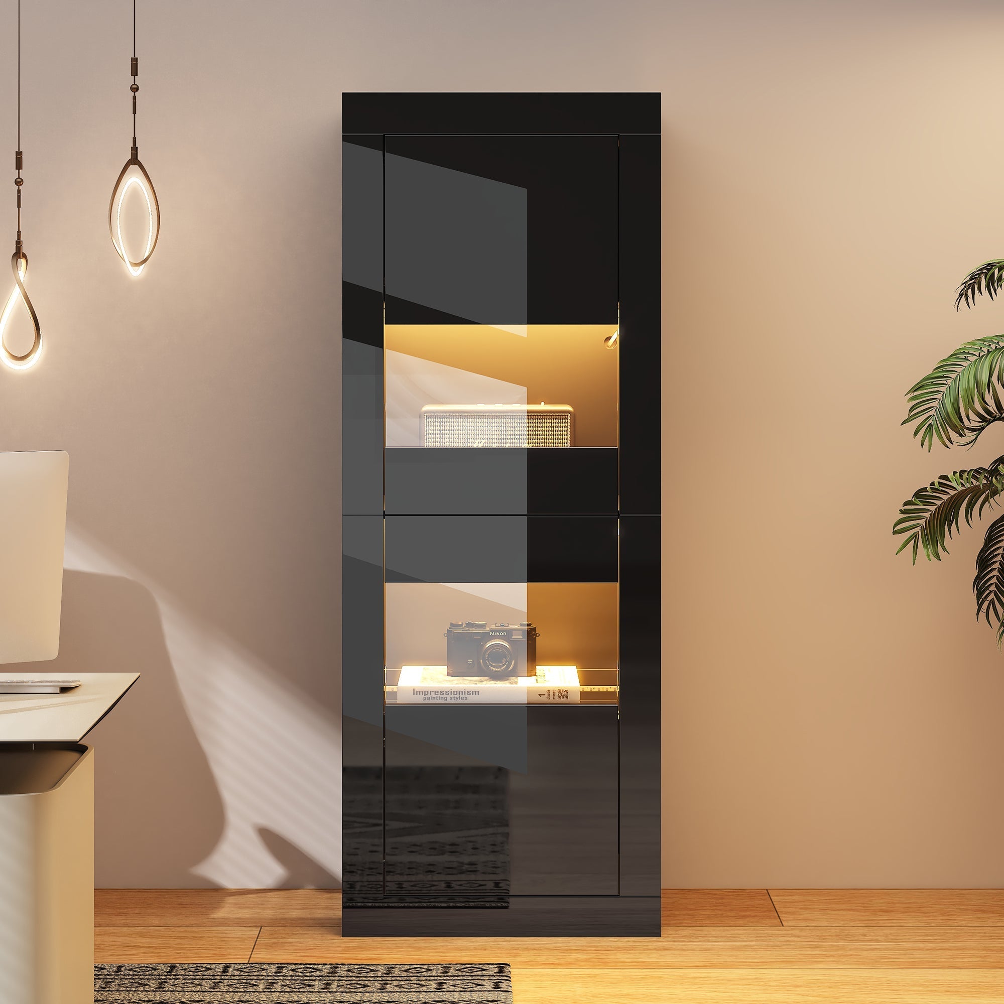 Display Cabinet with LED Lighting and Glass Shelf, High-Gloss Black