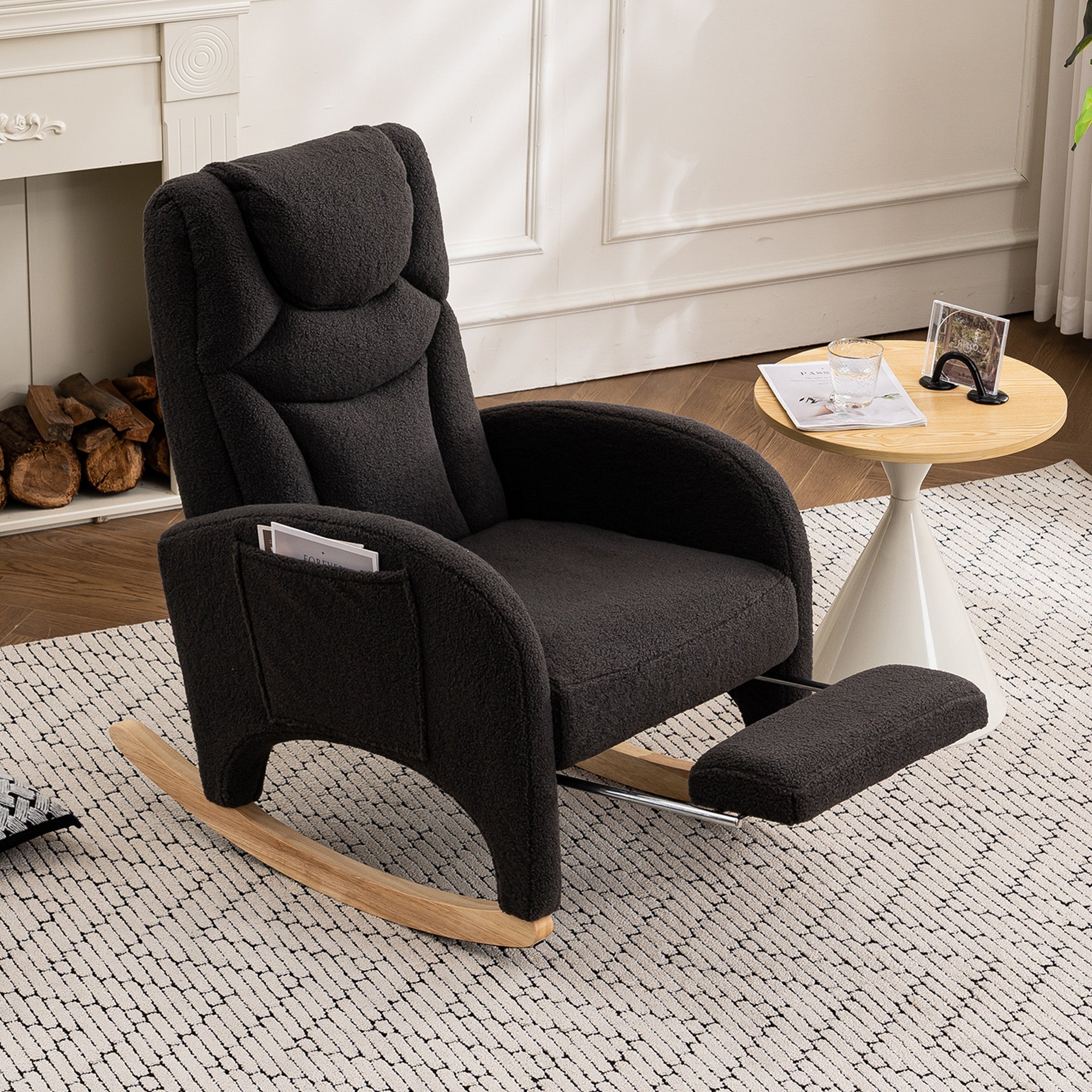 052 Rocking Chair, Upholstered with Armrest, Dark Grey Teddy Fabric