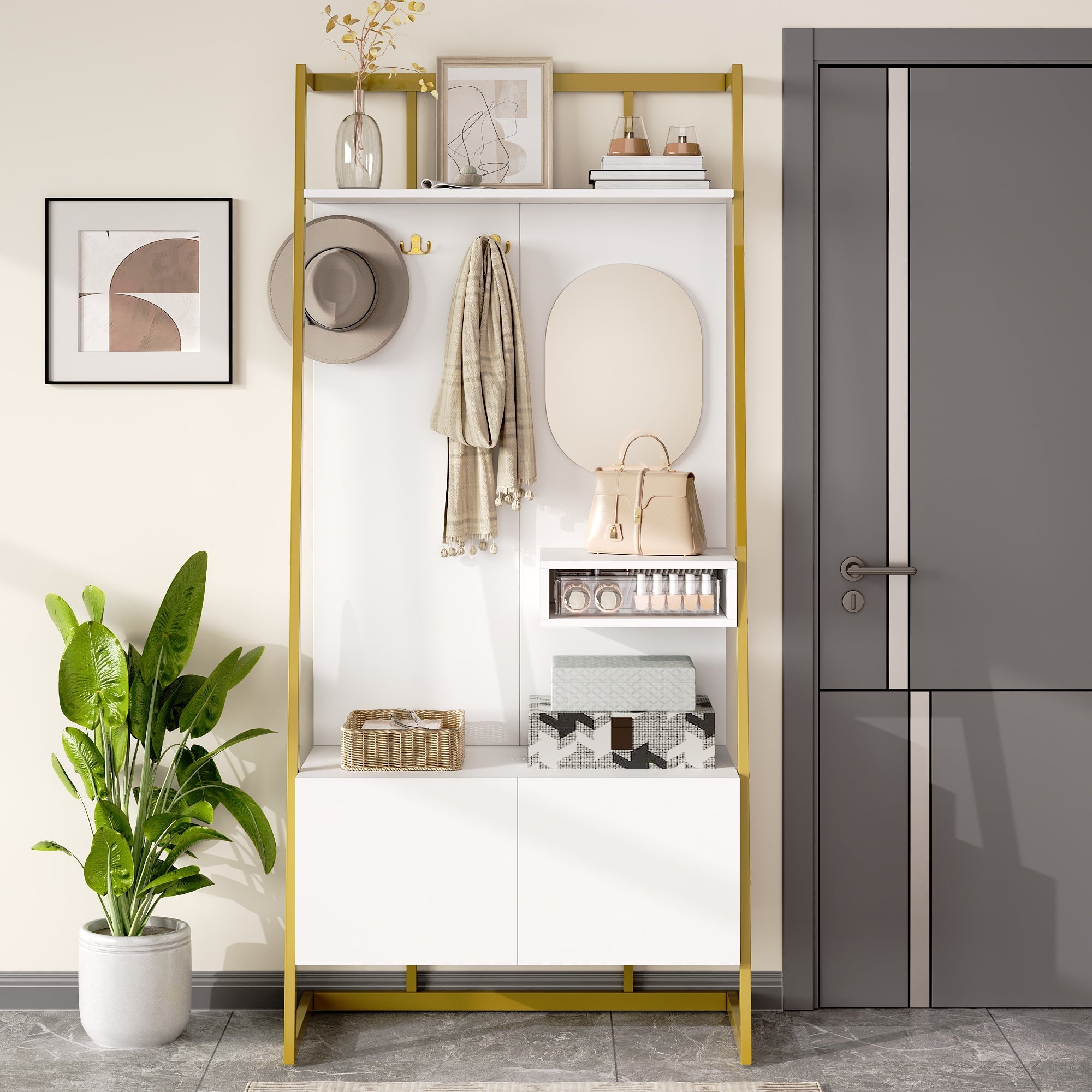 Wardrobe, Compact Multifunctional Storage with Mirror, Hooks & Shoe Bench