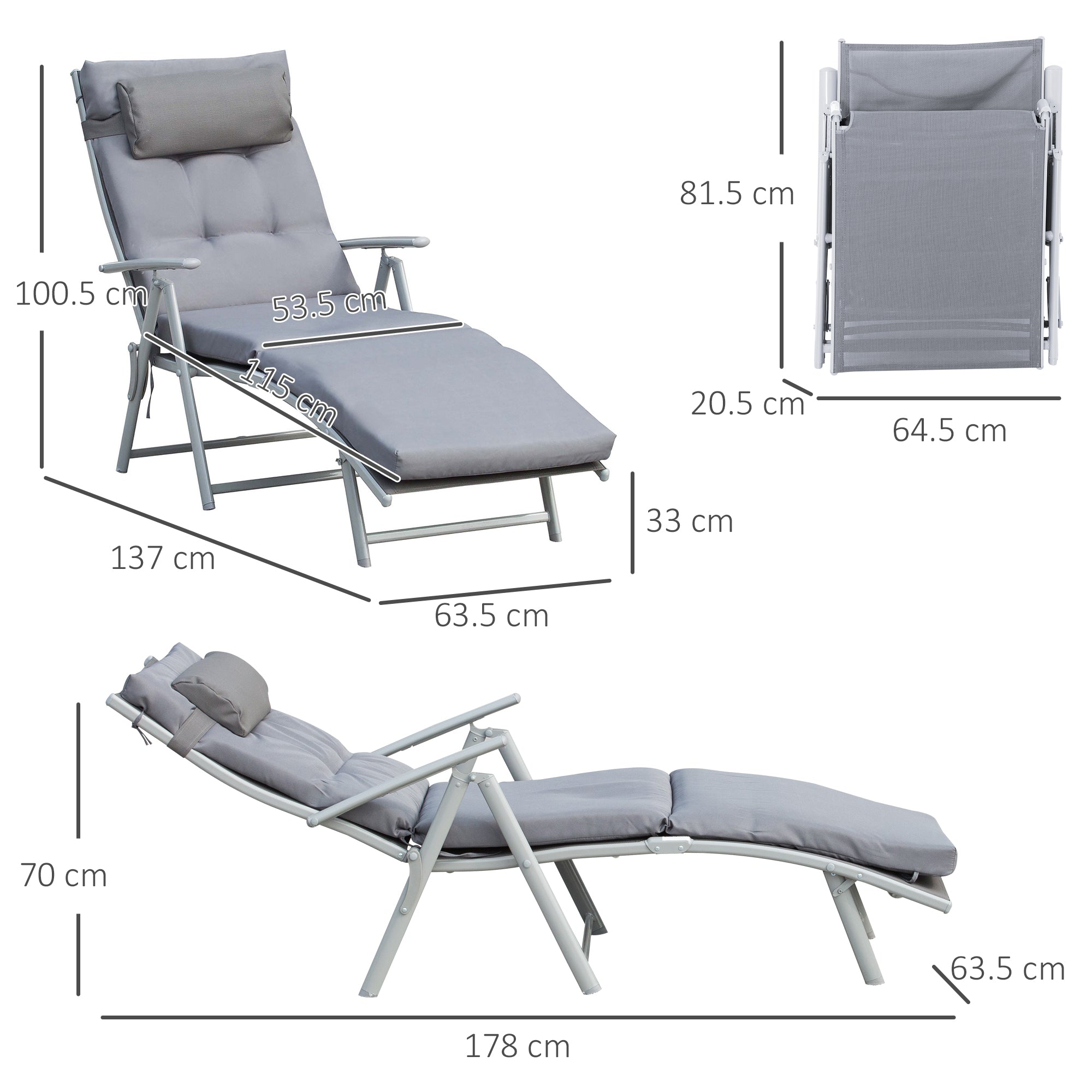 Sun Lounger/Beach/Garden, Foldable Adjustable with Cushion, Metal/Fabric Grey
