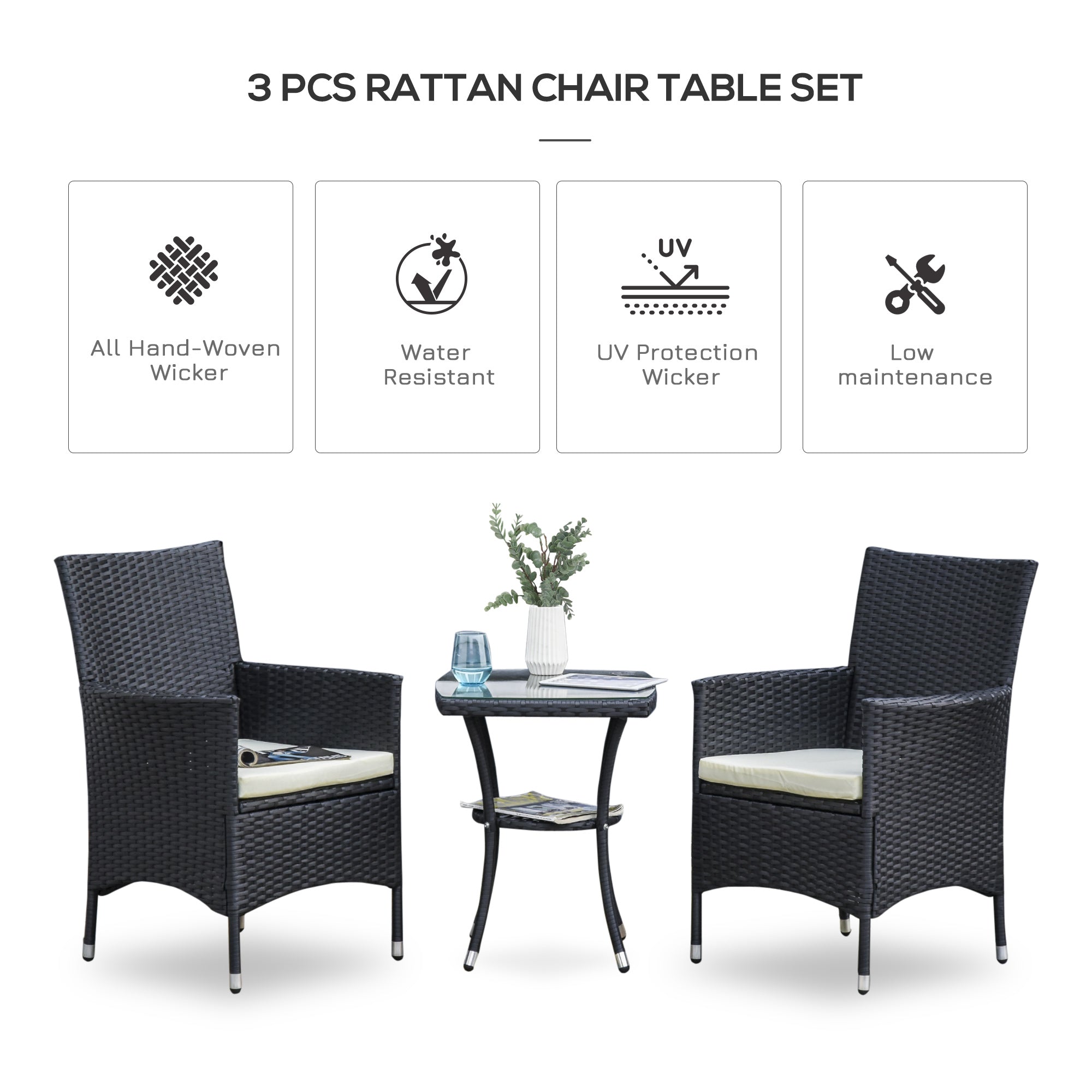 3 Pieces Rattan Bistro Set, 2-Tier Coffee Table and Chairs with Cushions, Black