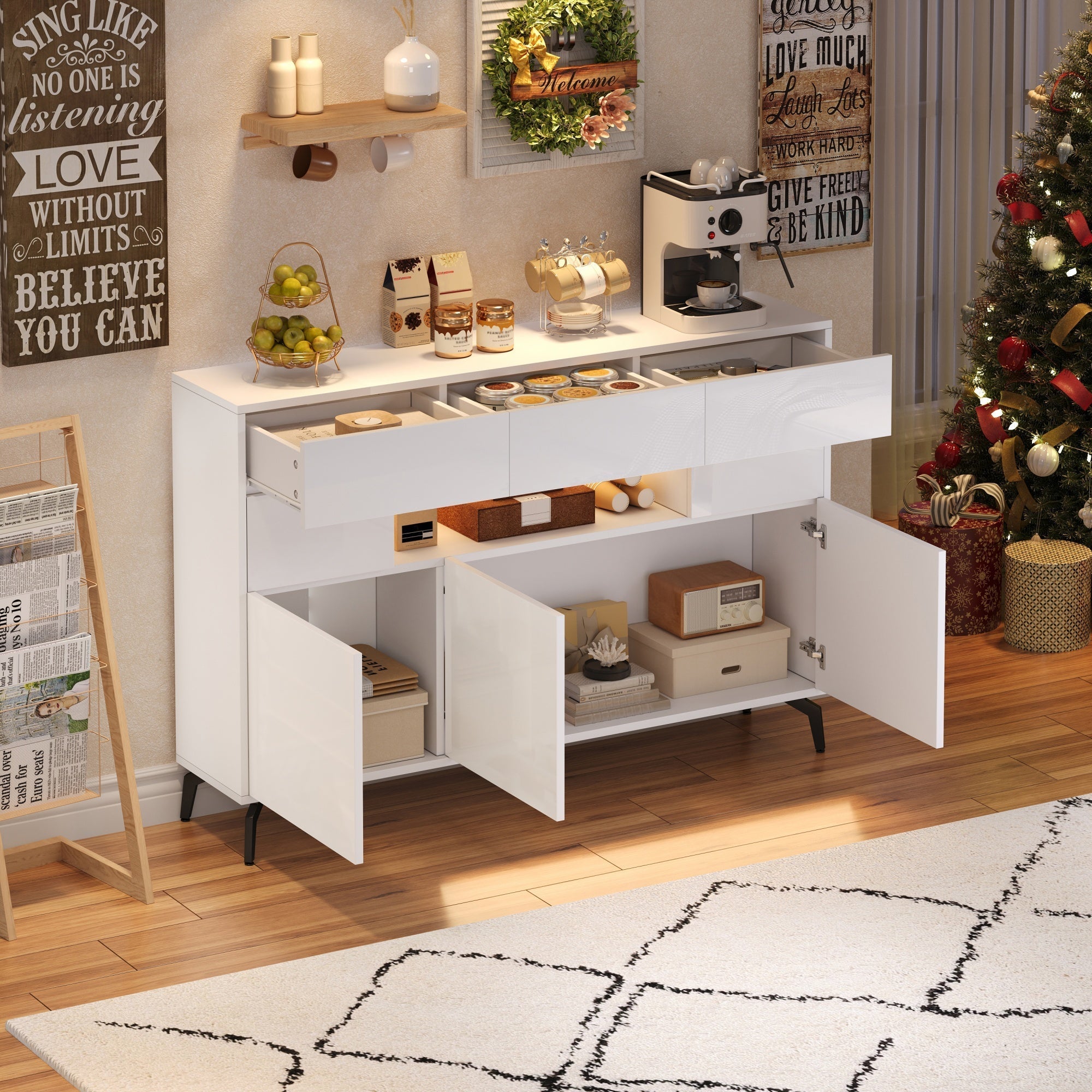Living Room Sideboard, High-Gloss Storage with LED Light, White MDF