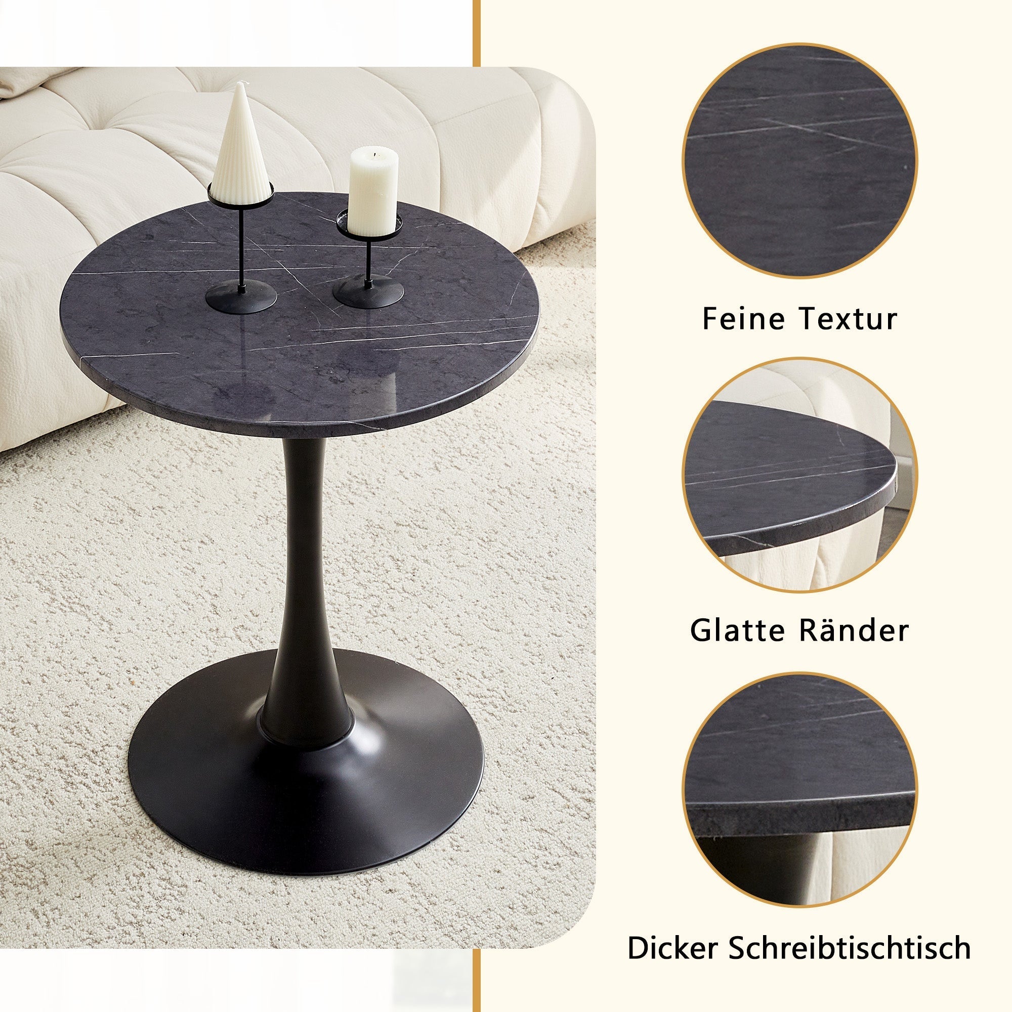Round Side/Dining Table 60cm Marble Look - Black MDF