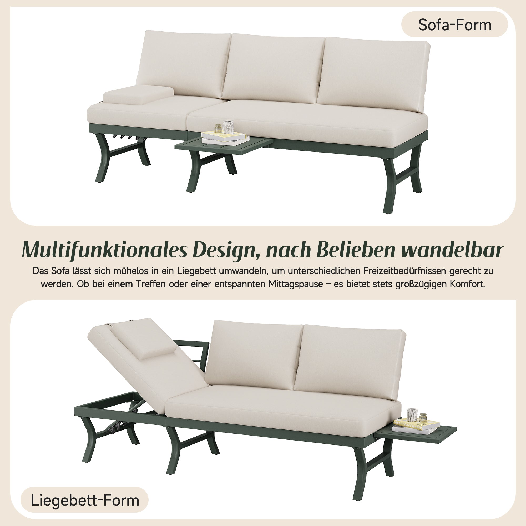 3-Seater Outdoor Sofa Garden Furniture Set with Adjustable Reclining Function and Table, Green Galvanized Steel Tube
