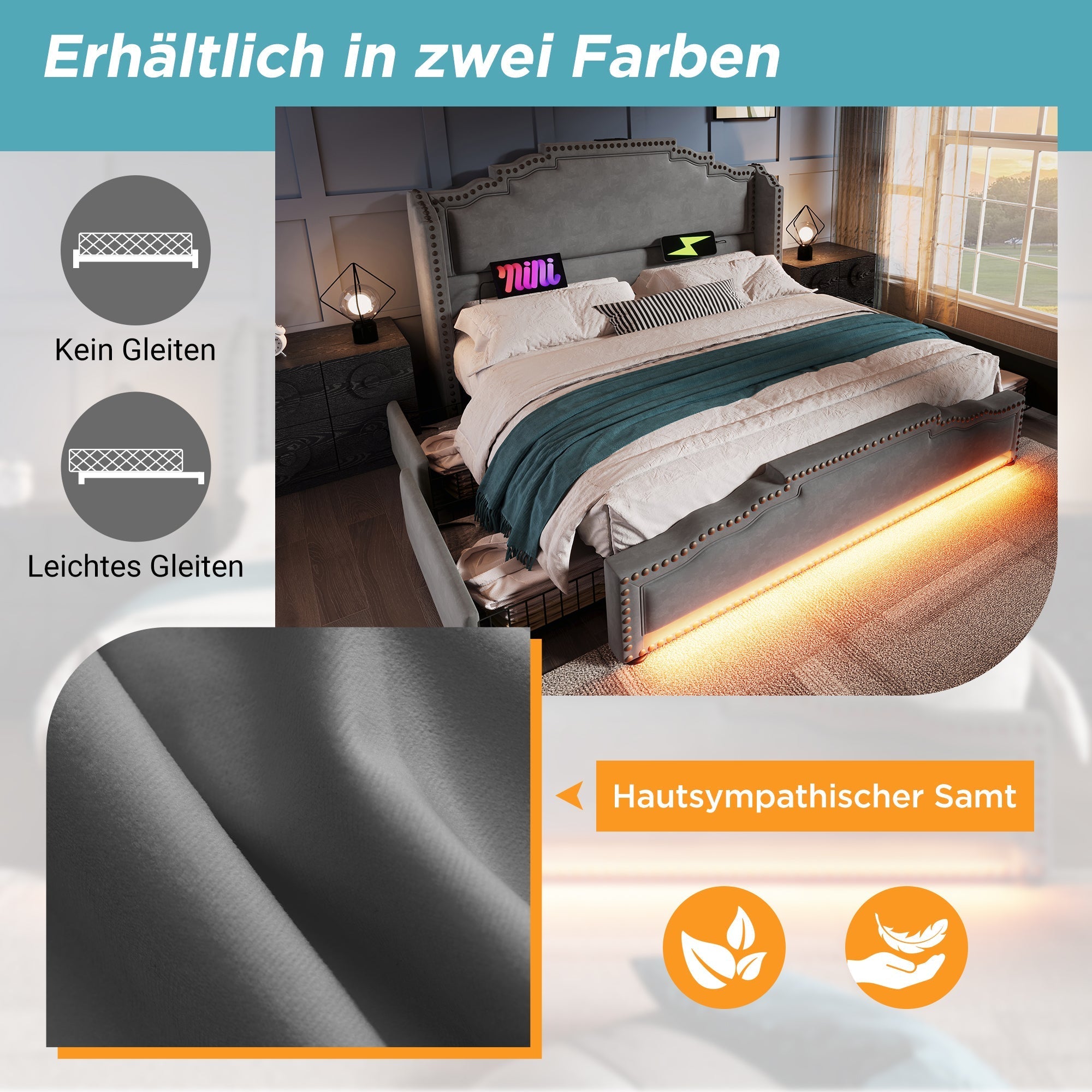 Upholstered Bed, 160x200 Double with 4 Drawers, LED & USB-C, Velvet Grey