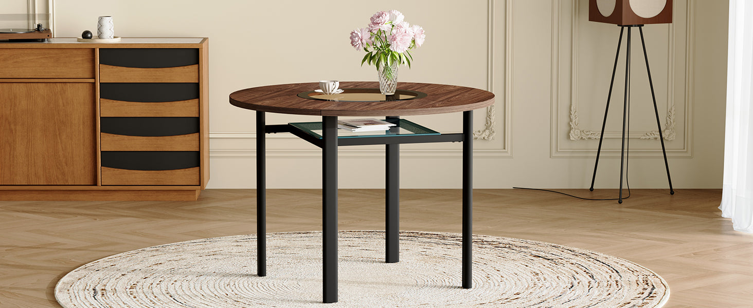 Round Table 100cm Modern Minimalist 2-4 Seater Glass Top Brown Wood Pattern