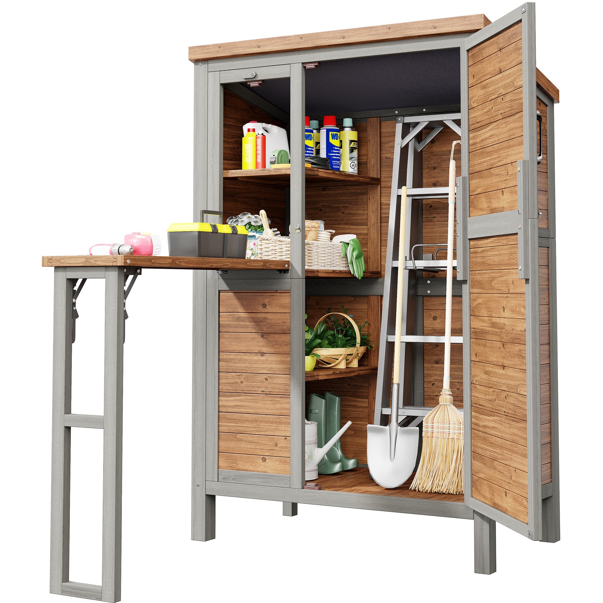 Outdoor Garden Cabinet with Fold-out Worktop and Adjustable Shelves, Fir Wood