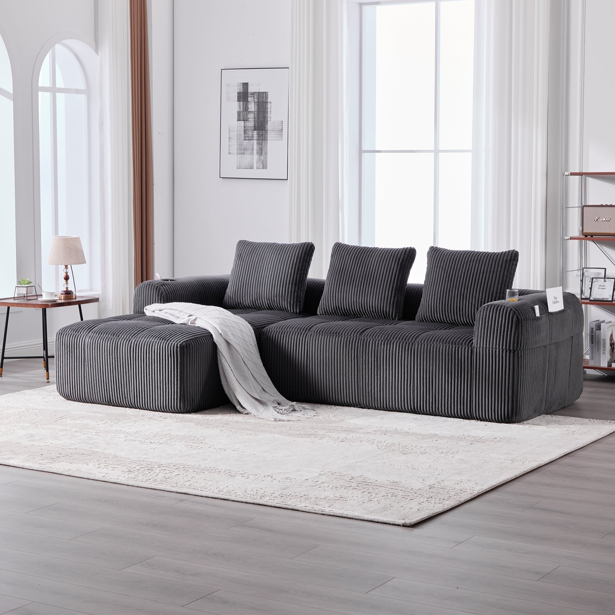 Compact Sofa Modular Side Pocket Cup Holder 3 Cushions - Corduroy Dark Gray