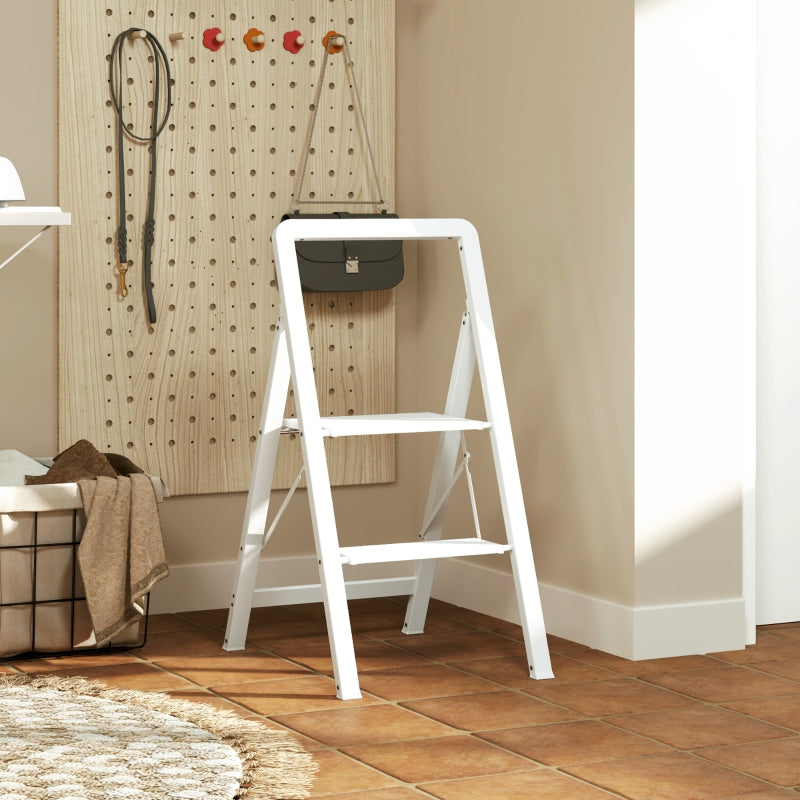 Stepladder, 3 Steps Anti-Slip Folding with Handle, Aluminum, White