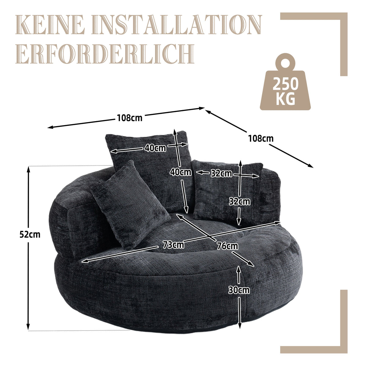Lazy Sofa High Back Beanbag Chair with Three Cushions, Indoor/Outdoor, Black Chenille