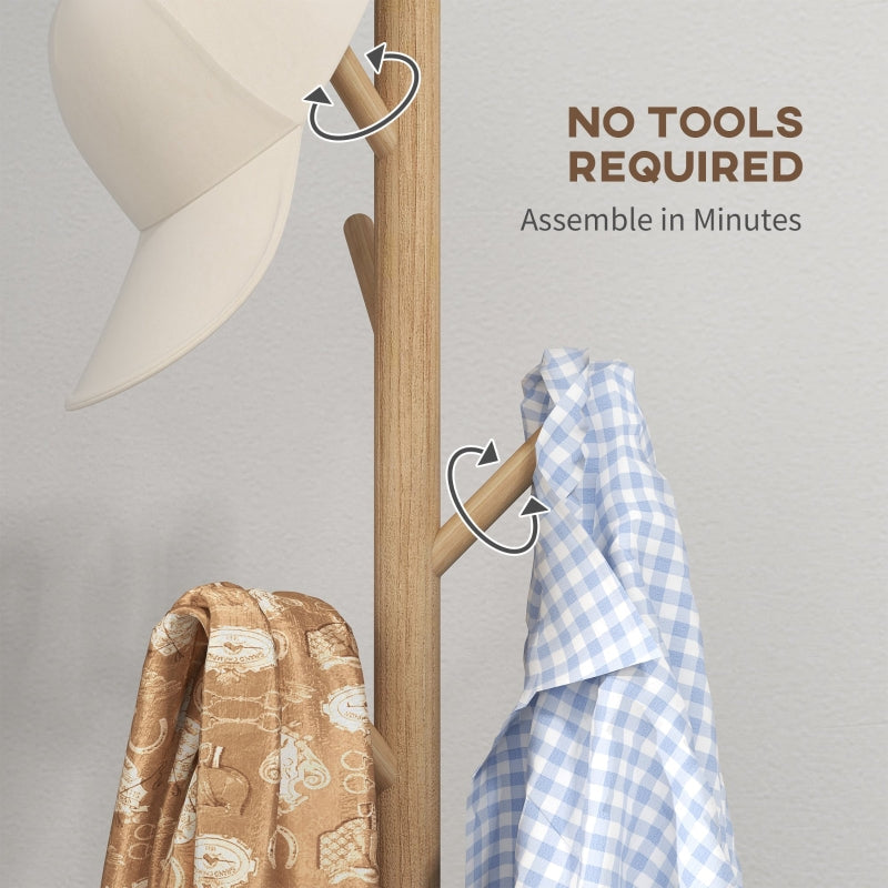 Eight-Hook Coat Rack Stand, Wooden - Natural