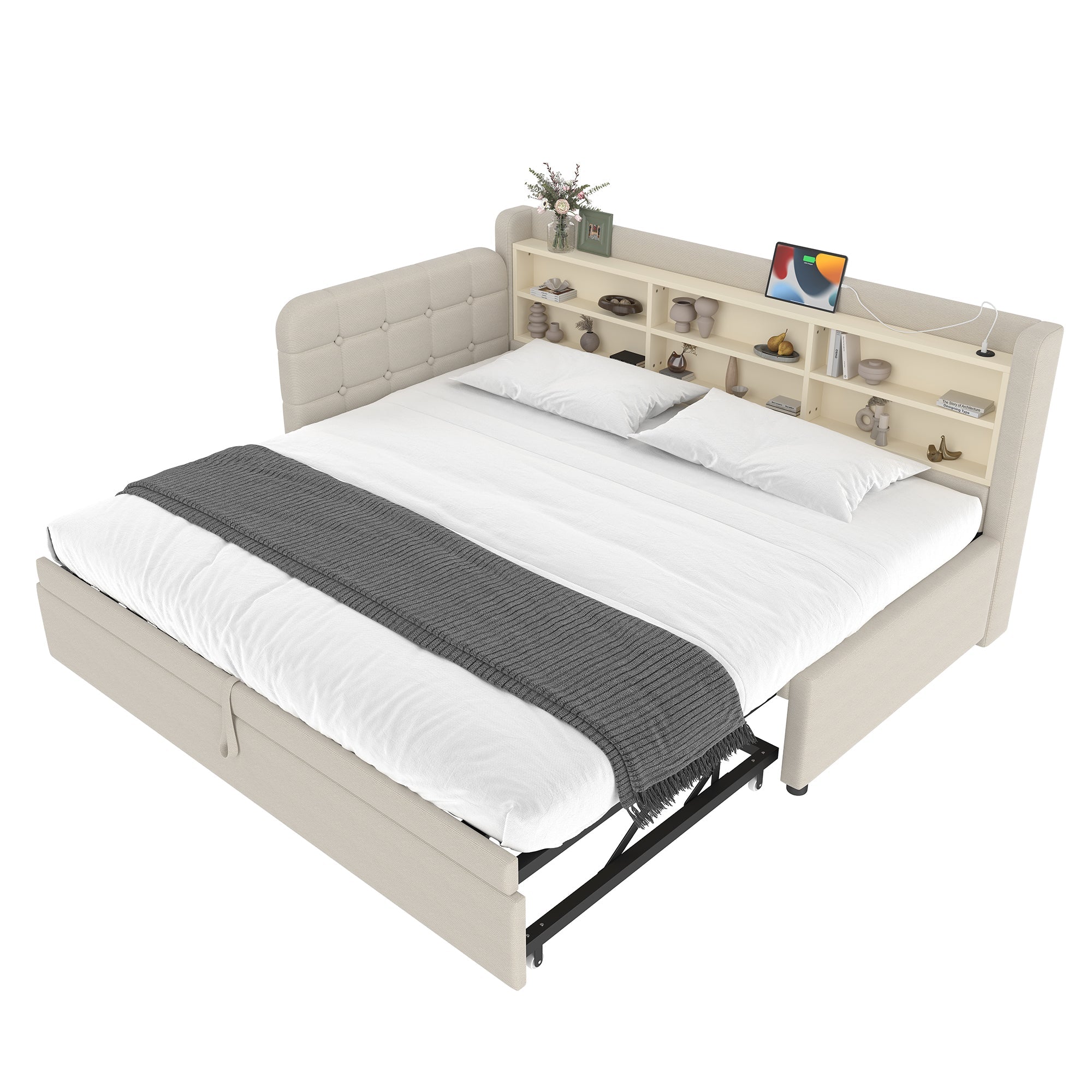Daybed Sofa Bed 90x200cm Pull-out Bed USB/Type-C Storage Shelves - Linen Beige