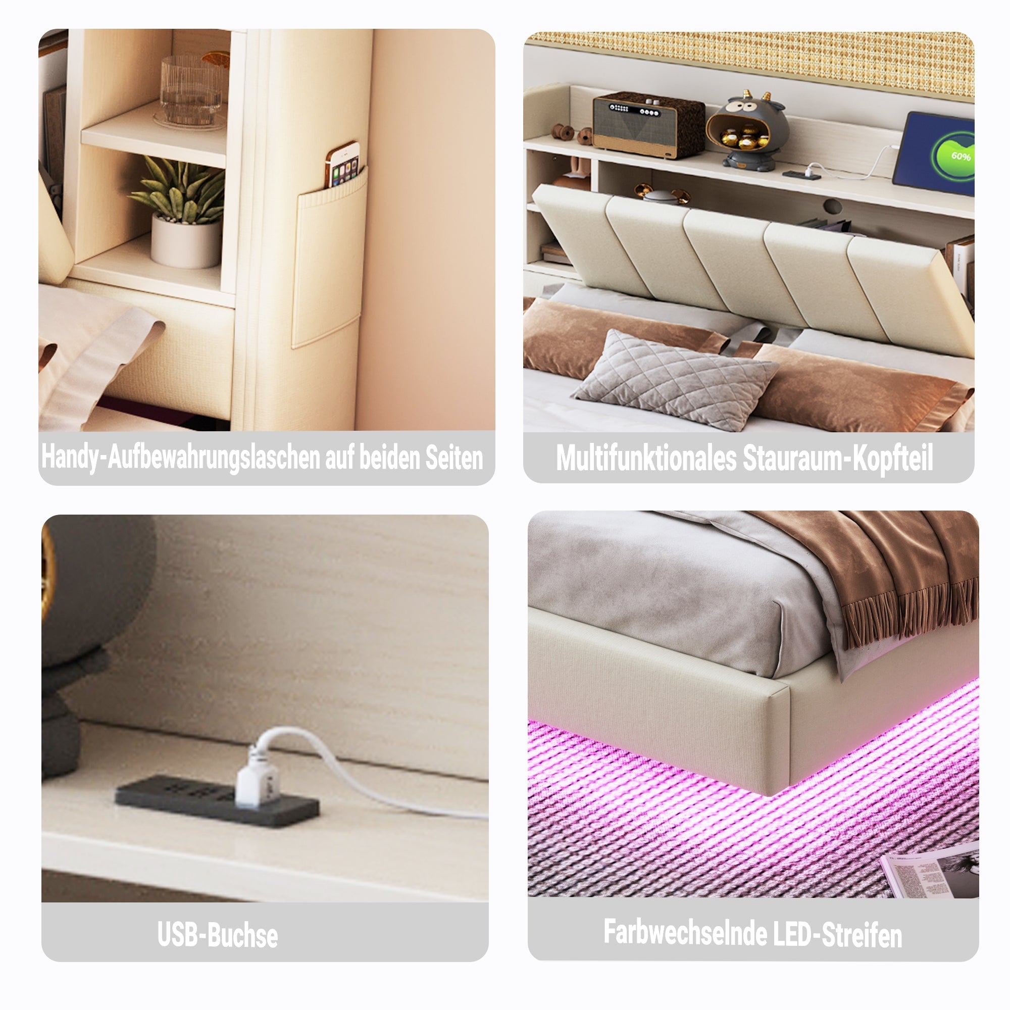 Upholstered Bed 140 x 200 cm, USB, Light Strip, Reversible Headboard, Storage, Metal Frame, Linen Fabric, Beige