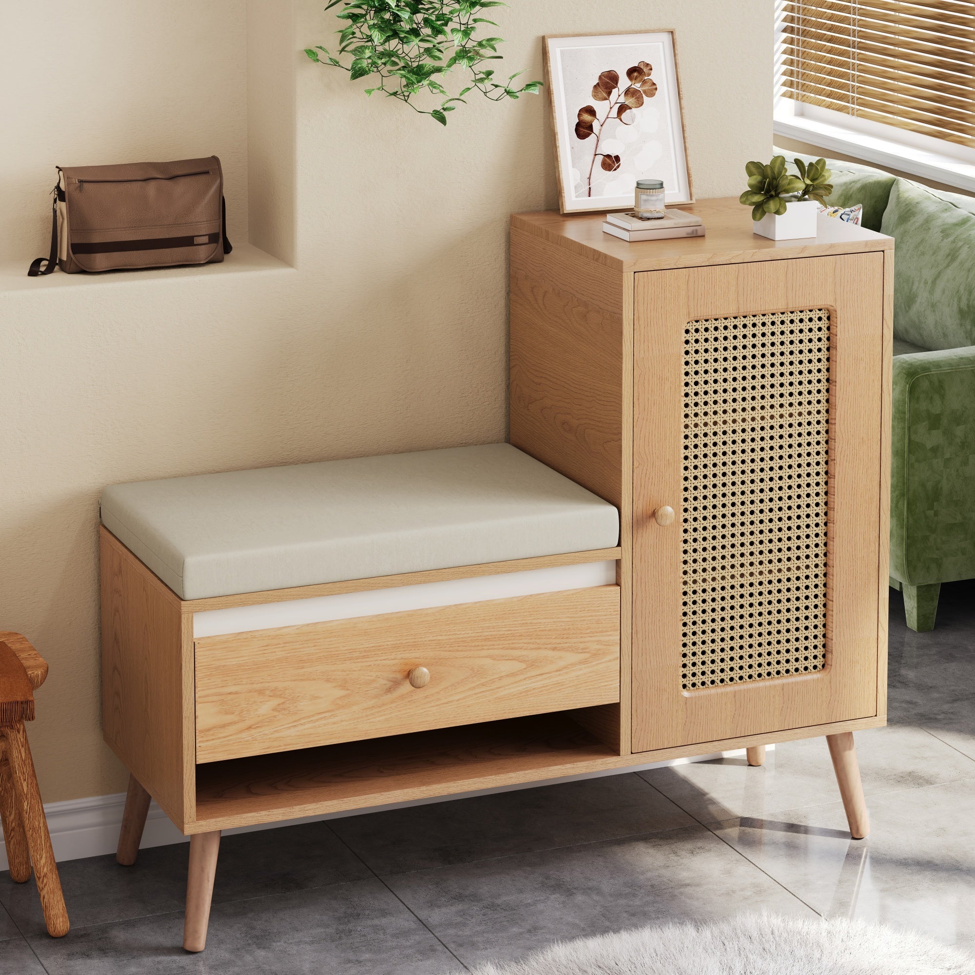 Shoe Cabinet, Entryway Bench with Storage Drawers and Seat Cushion, Rattan