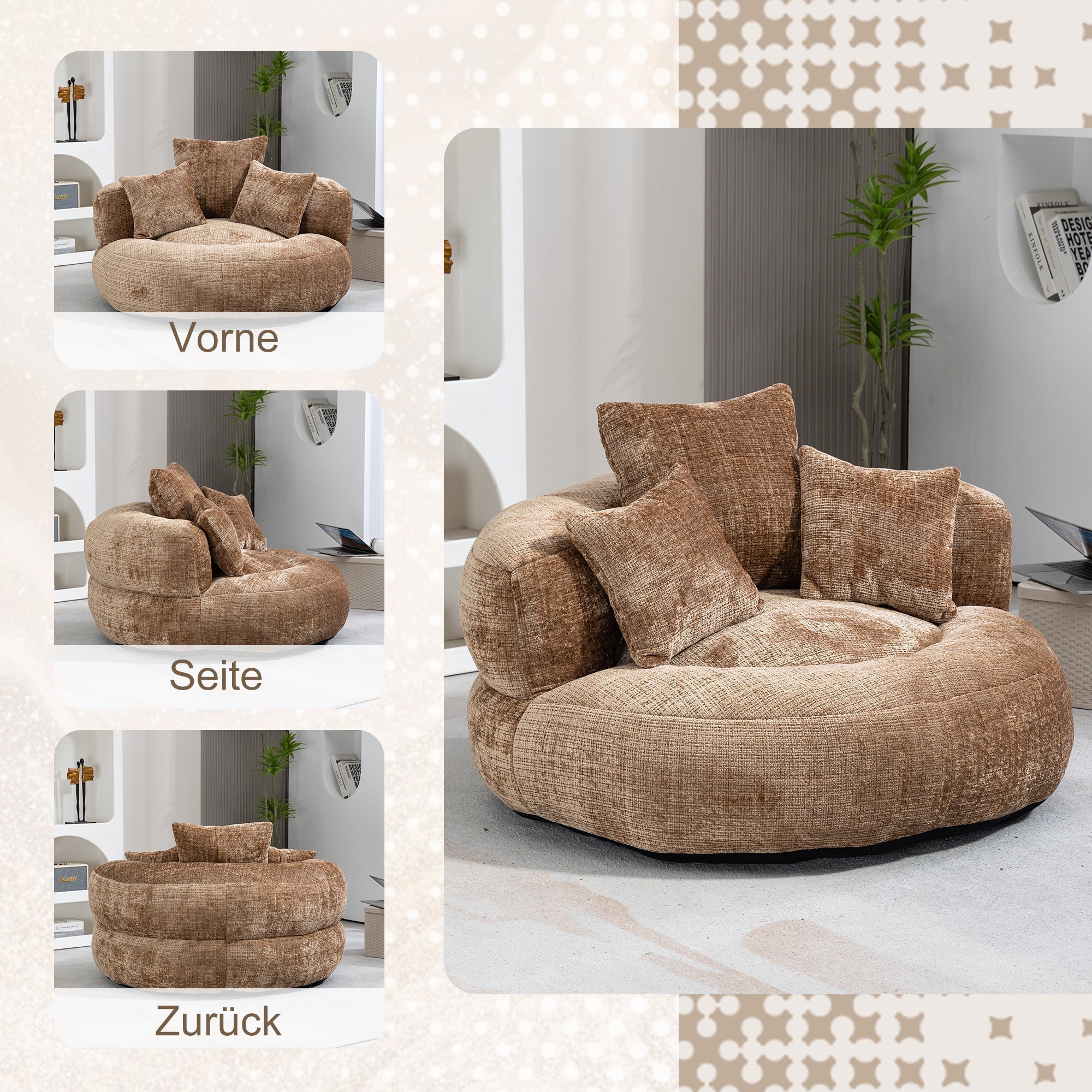 Lazy Sofa Durable High Back Bean Bag Chair Couch with Three Cushions, Coffee Chenille