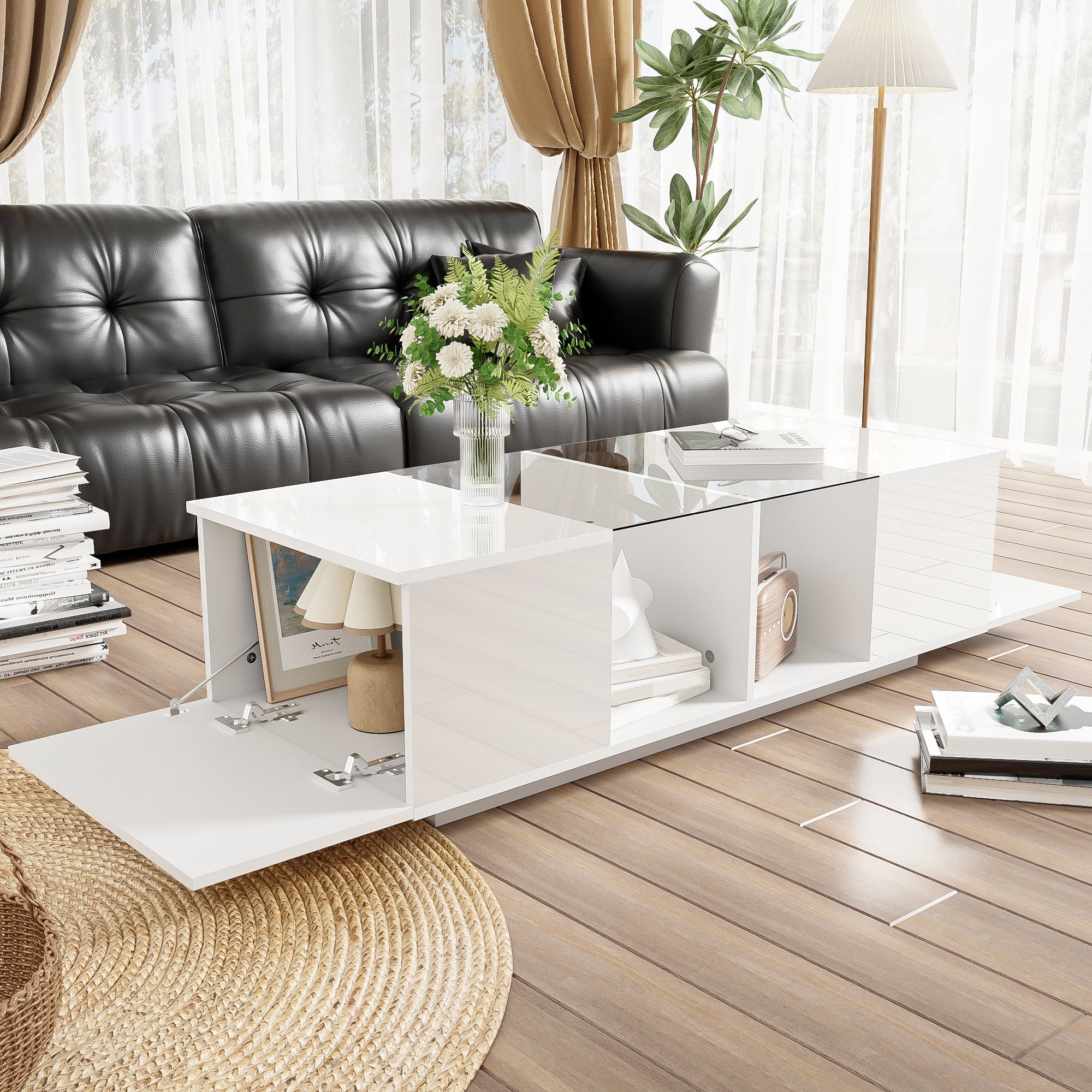 Modern Coffee Table with LED Lighting, High-Gloss, White