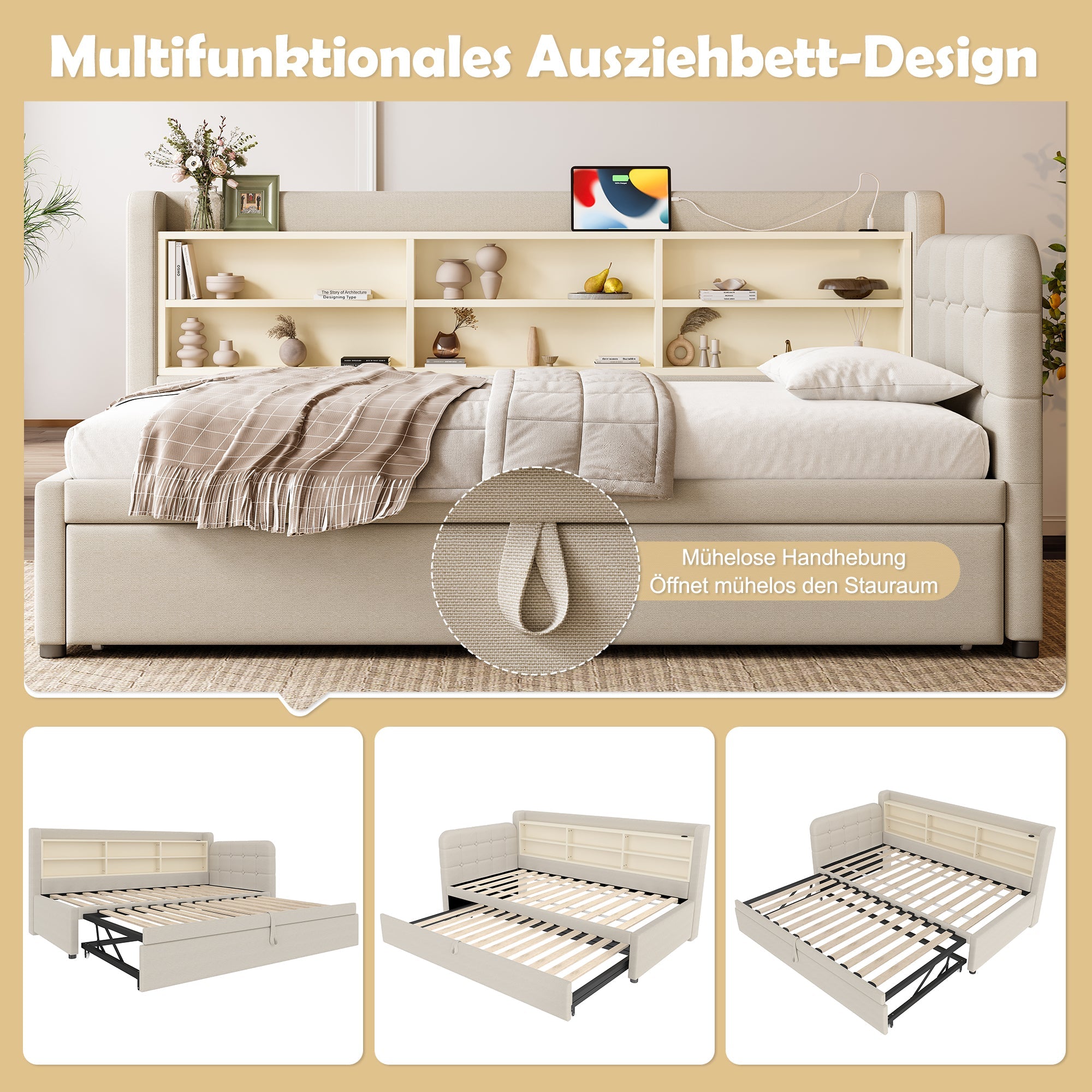 Daybed Sofa Bed 90x200cm Pull-out Bed USB/Type-C Storage Shelves - Linen Beige