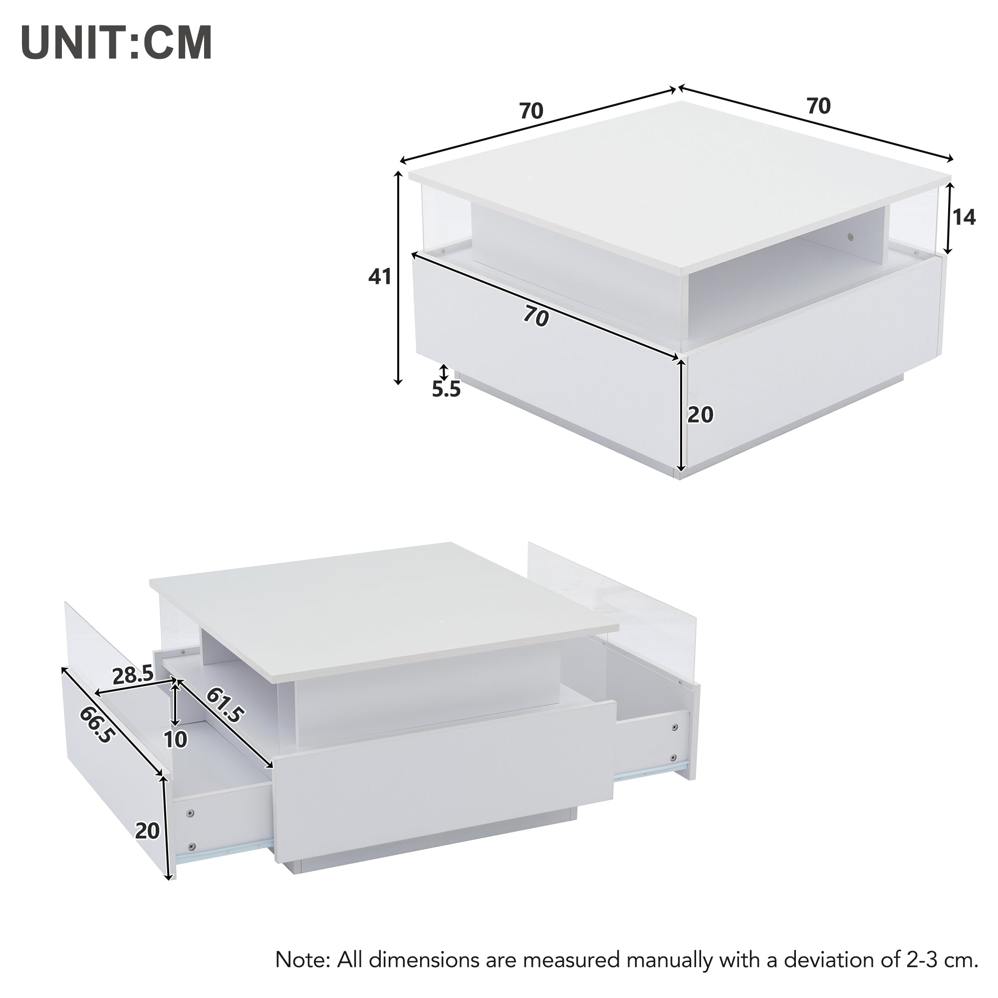 Coffee Table with Storage, Modern LED, White Wood and Acrylic Glass