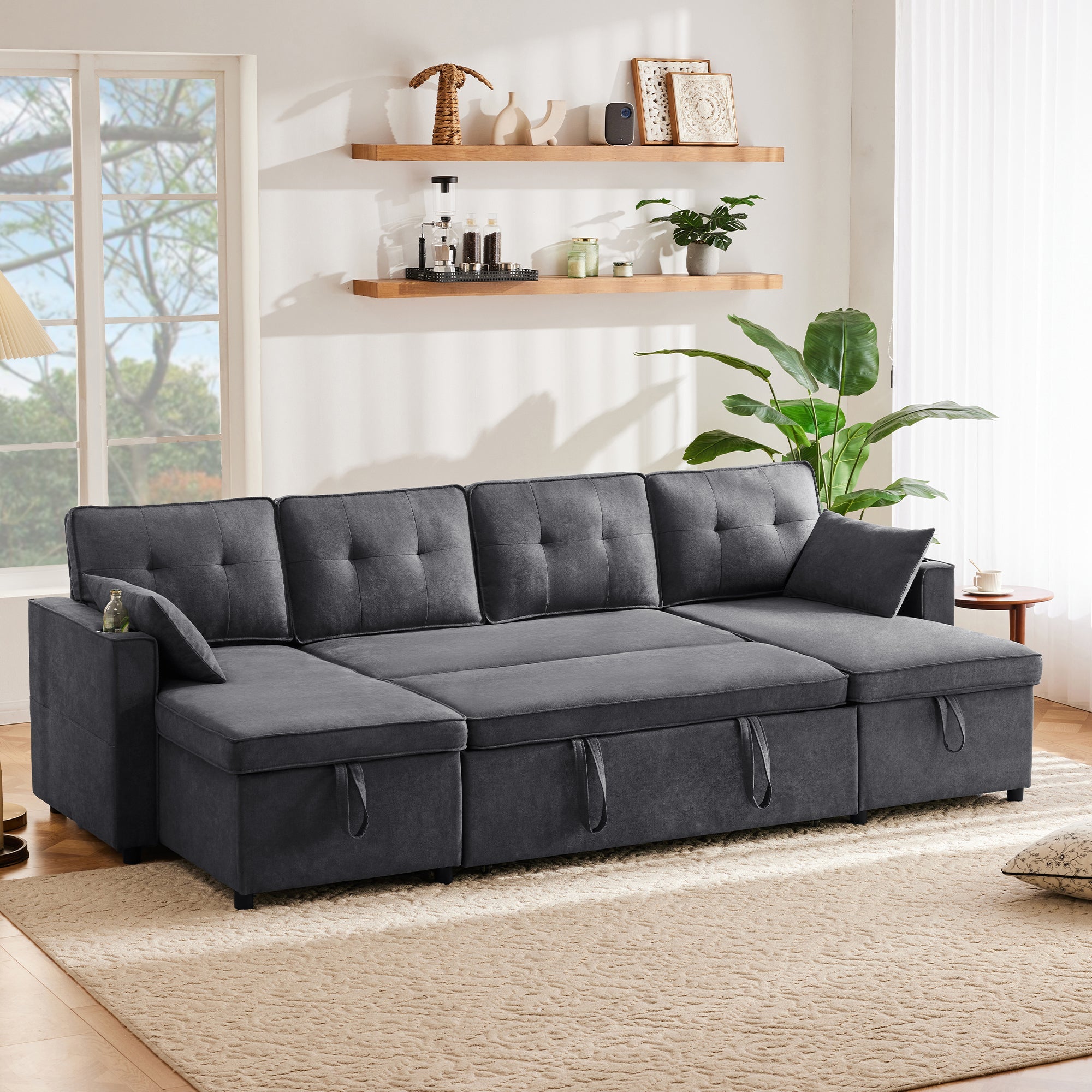 Sleeper Sofa U-Shaped with Storage & Cup Holders, Cotton and Linen Fabric