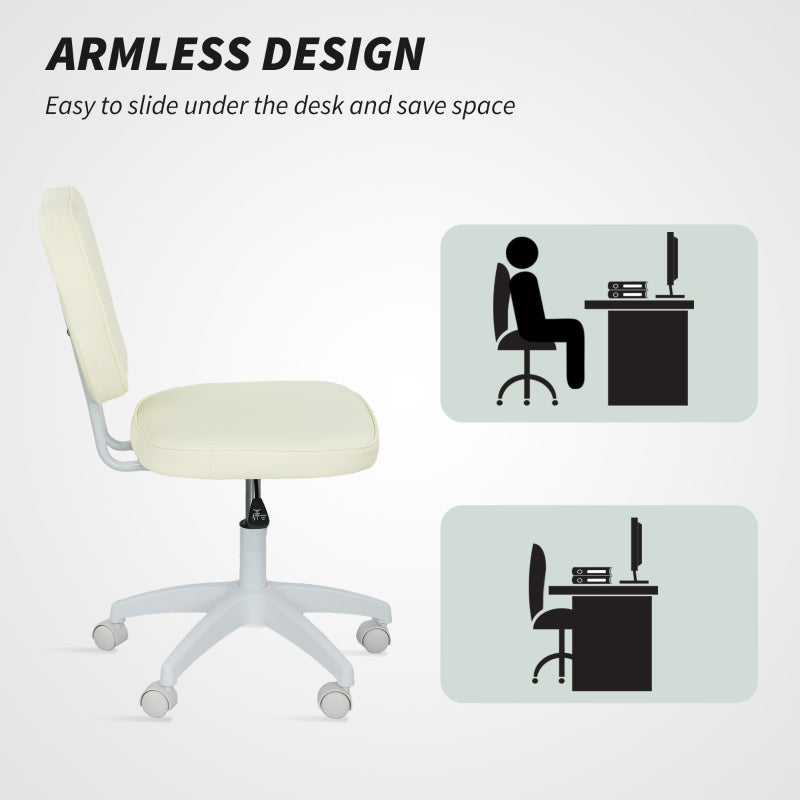 Vanity Office Chair Adjustable Armless Swivel PU Leather Cream