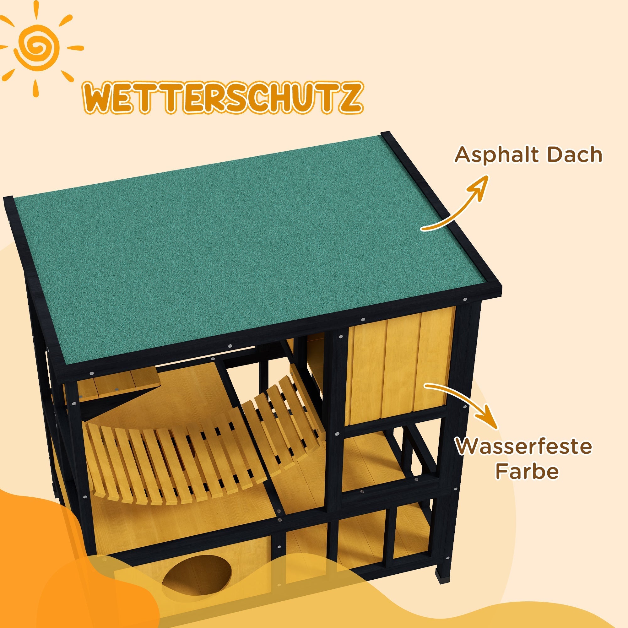 Katzenhaus mit Hängebrücke & Balkon, Wasserdicht, Gelbes Holz