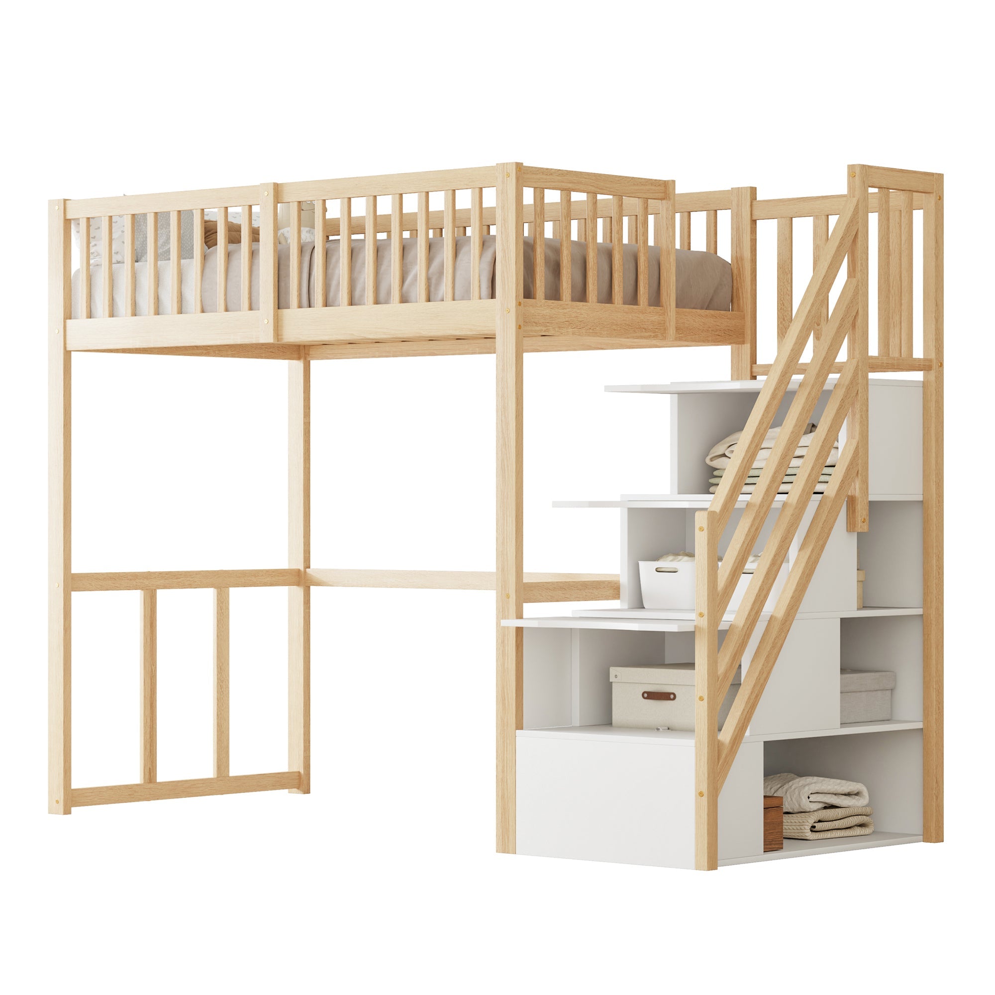 Loft Bed 90x200 Safety Storage Ladder, Solid Pine Wood