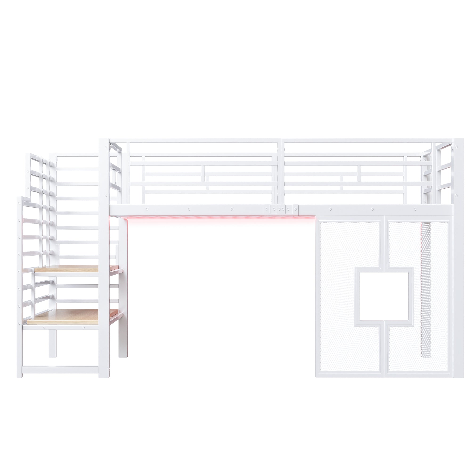 Metal Loft Bed Frame 90x200 cm with Stairs Storage and LED Lighting, White