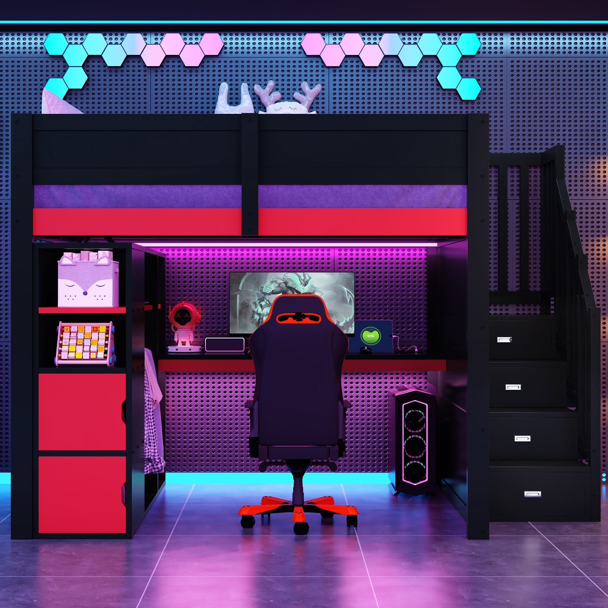 Gaming Wooden Loft Bed with Desk, Multi-Tier Storage, LED Lighting, USB Port and Staircase, Black and Red