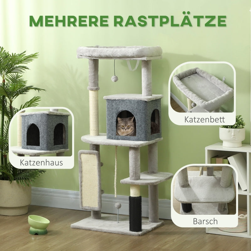 Katzenkratzbaum 132cm, Kratzstämme, Bett, Haus, Plattformen, Fellpflegebürste, Hellgrau
