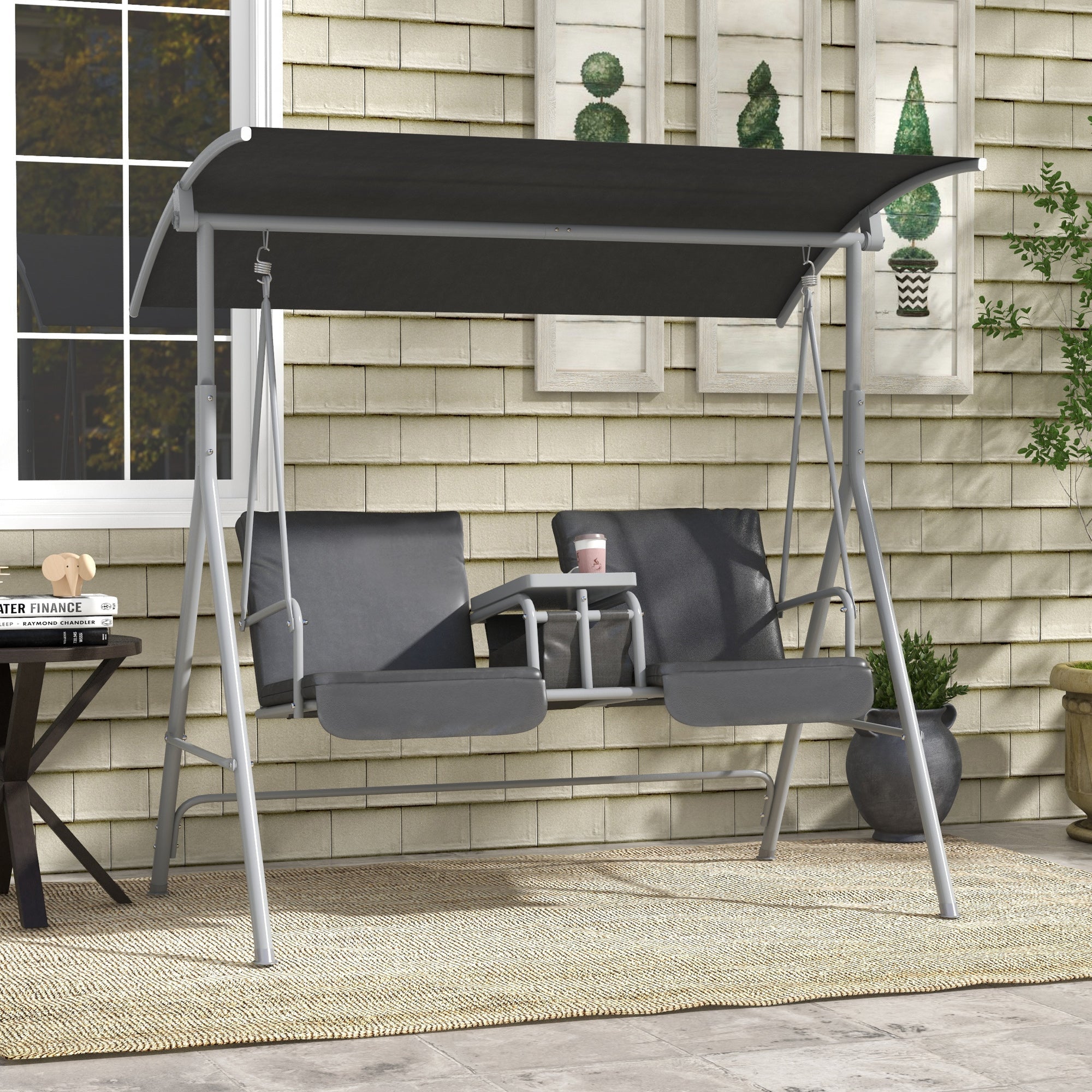 Hollywood Swing 2-Seater Bench with Canopy, Tray, 180 kg Load, Black