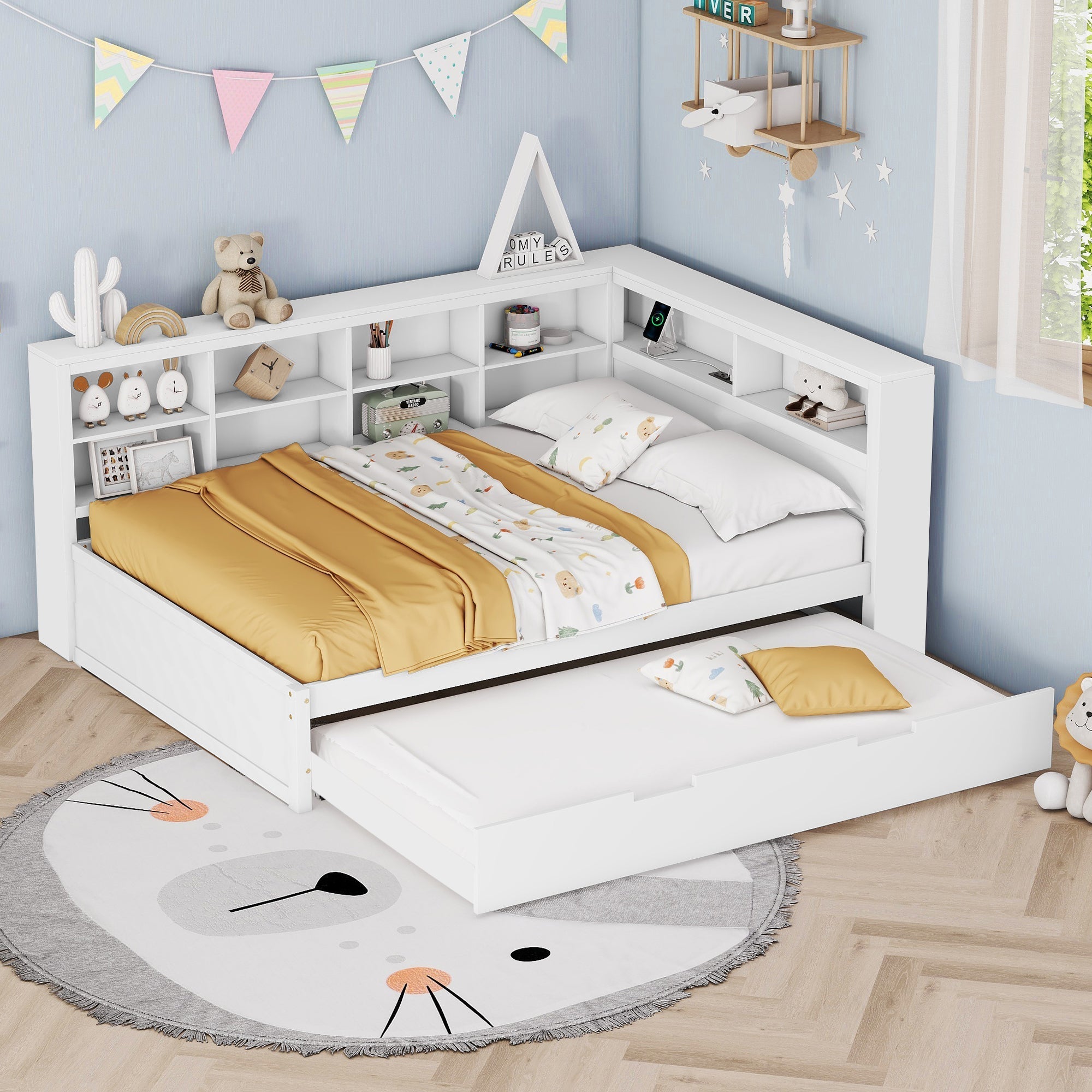 Sofa Bed with USB & Storage, Solid Wood, White