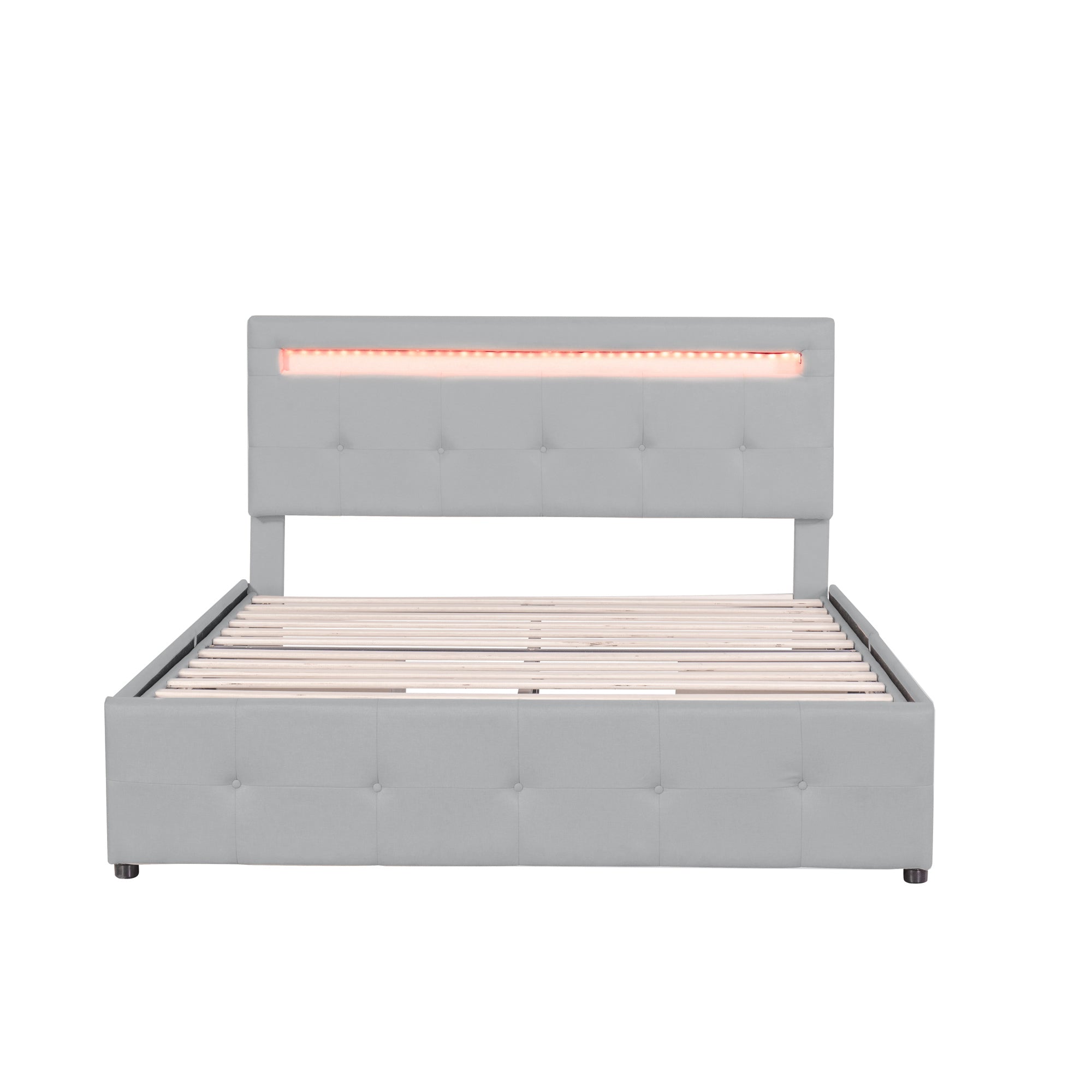 Linen Upholstered Bed with LED Headboard & Storage Drawers, Grey